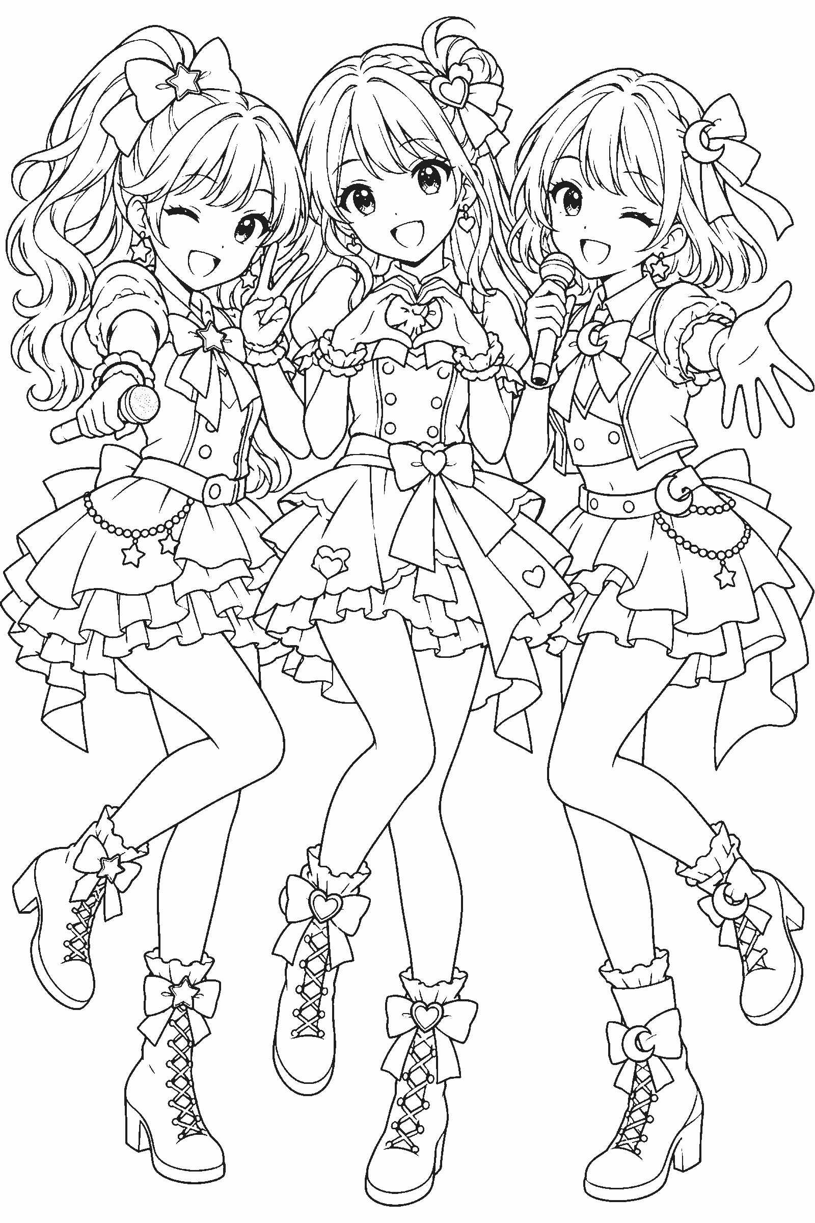 Coloring page of three original idol girls posing together