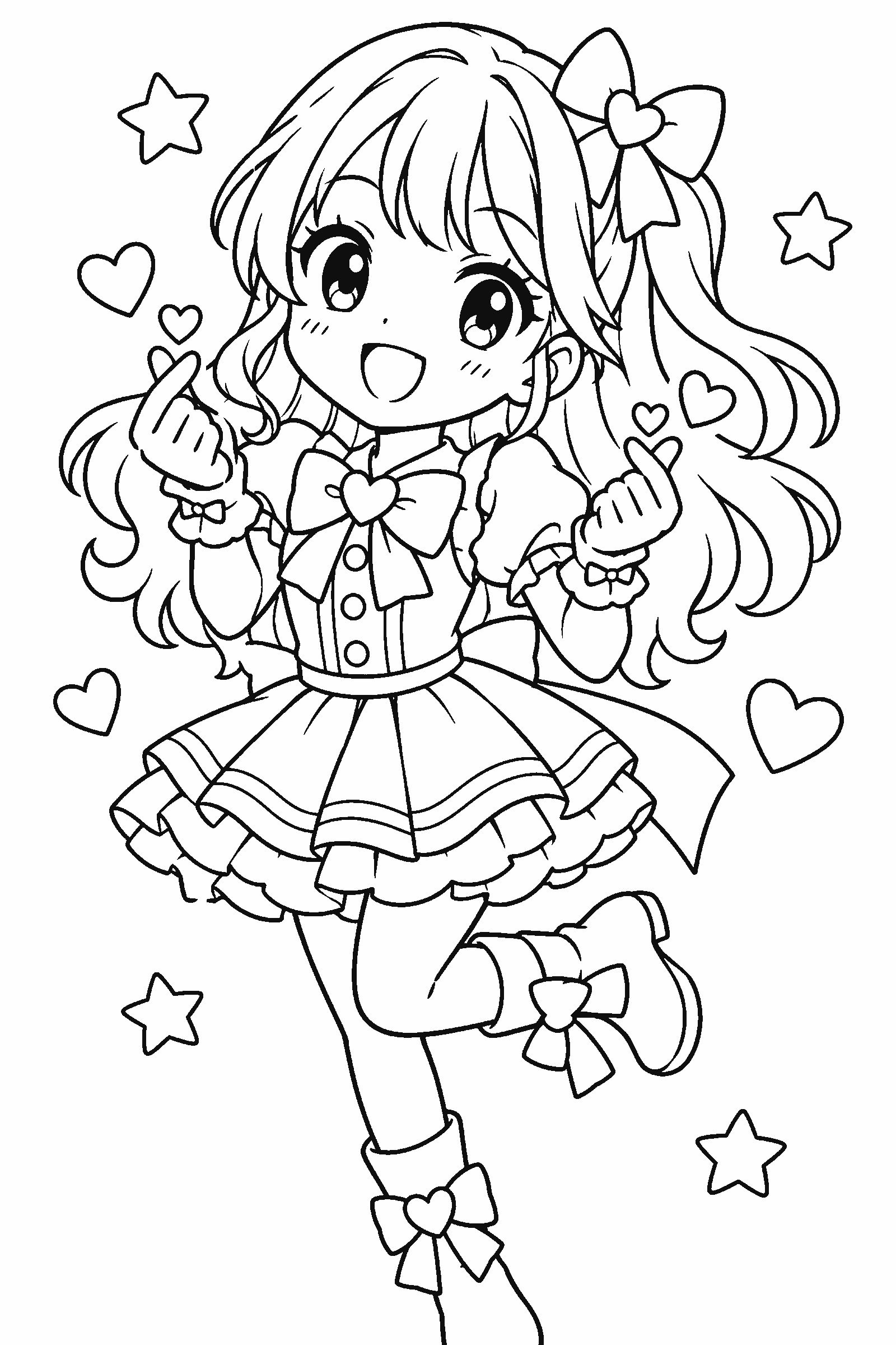 Coloring page of an original idol making finger hearts