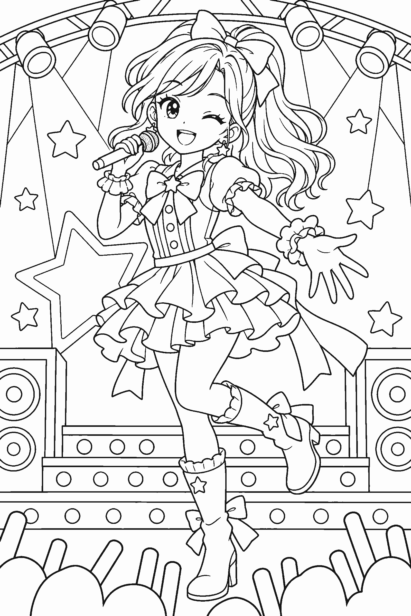 Coloring page of an original pop idol singer on stage with a microphone