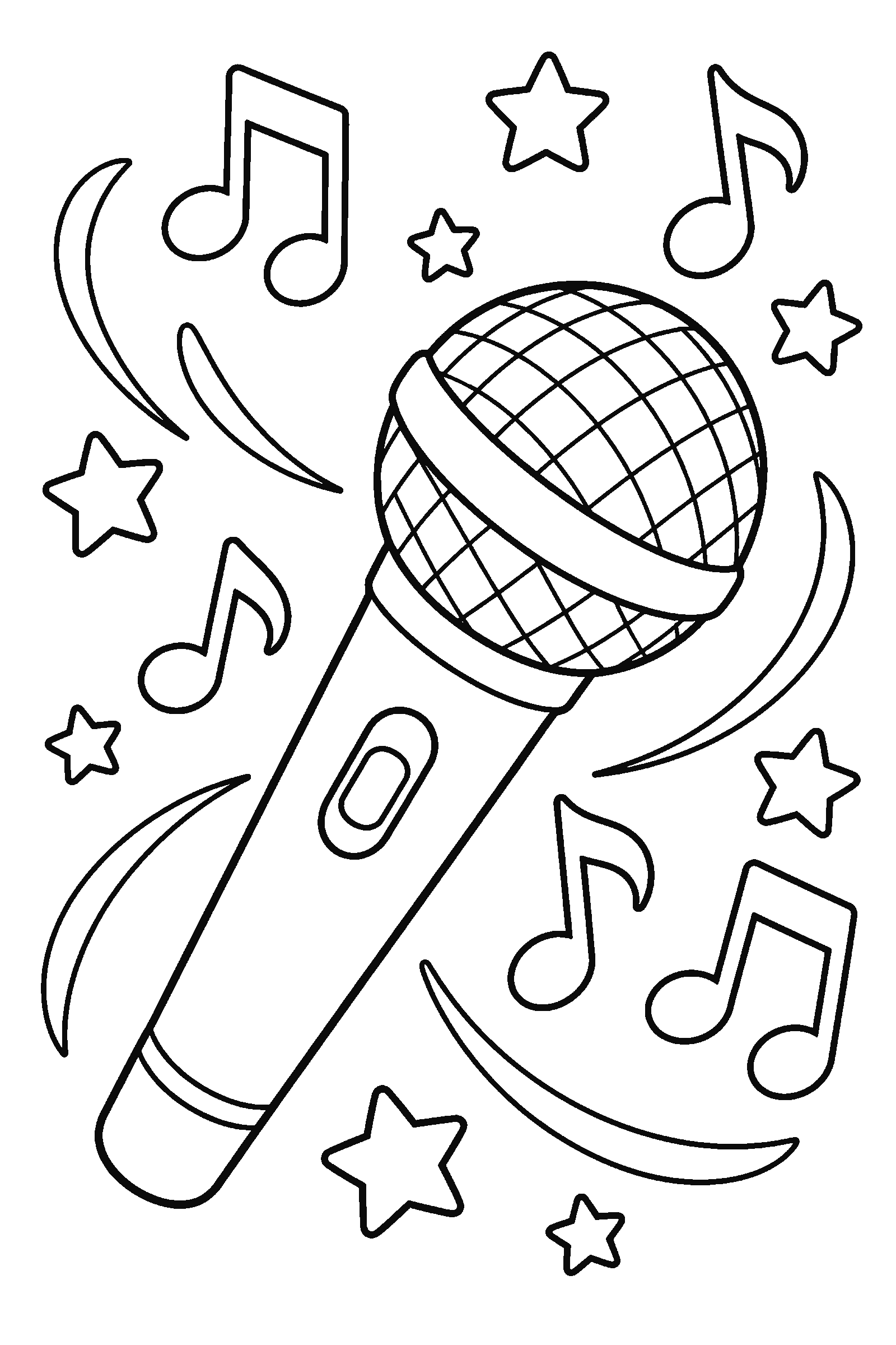 Coloring page of a microphone with music notes and stars