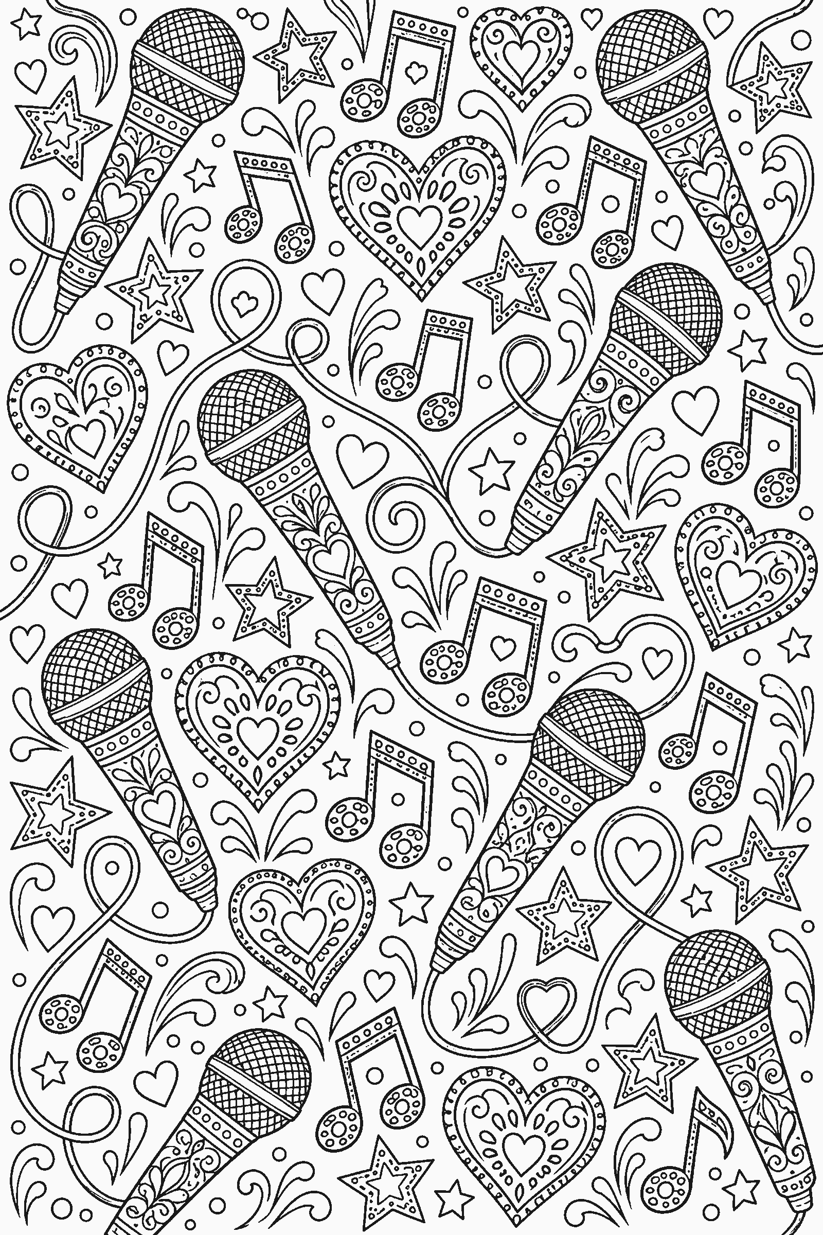 Coloring page of a full-page pattern of microphones, hearts, stars and music notes