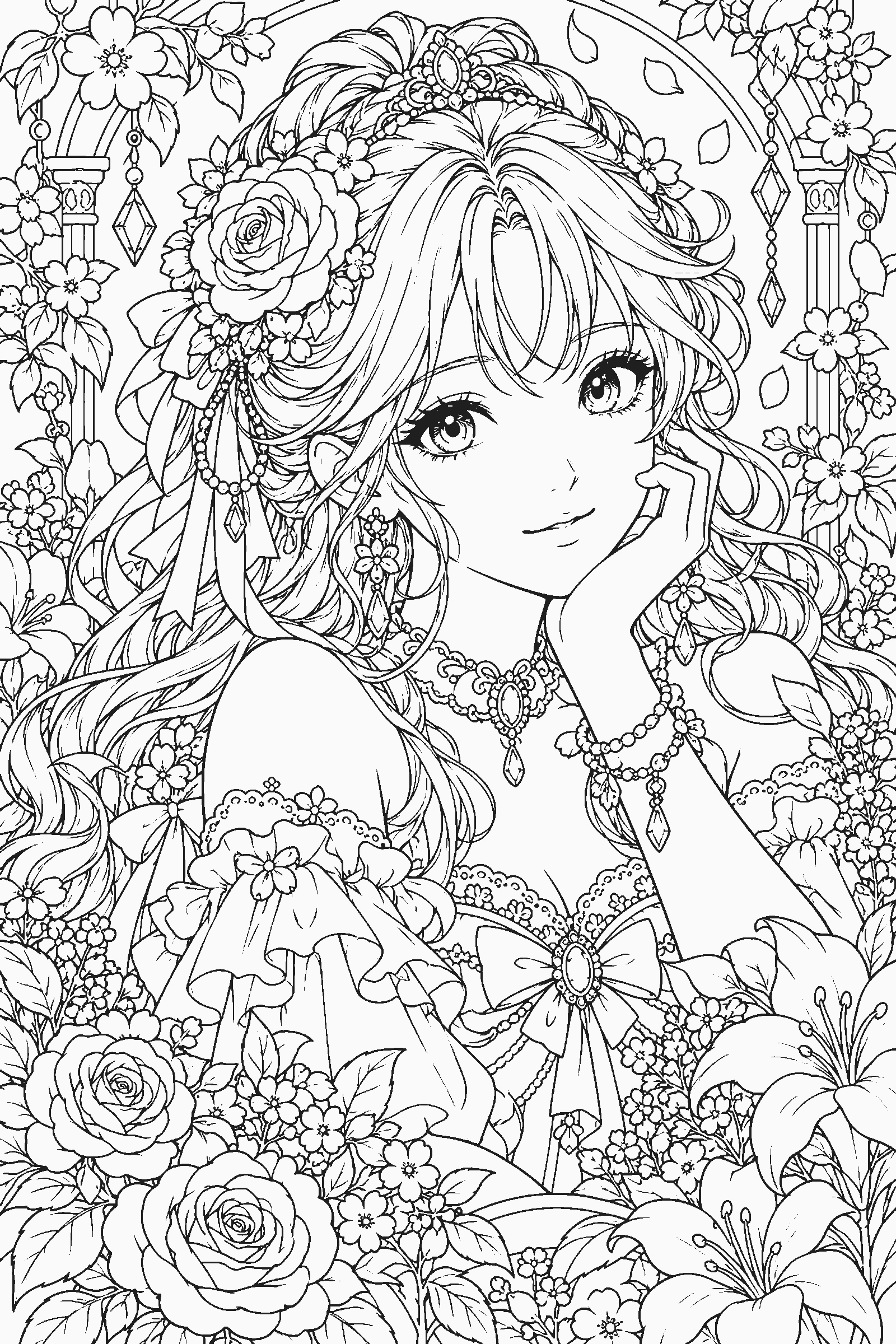 Coloring page of a detailed portrait of an original idol with flowers