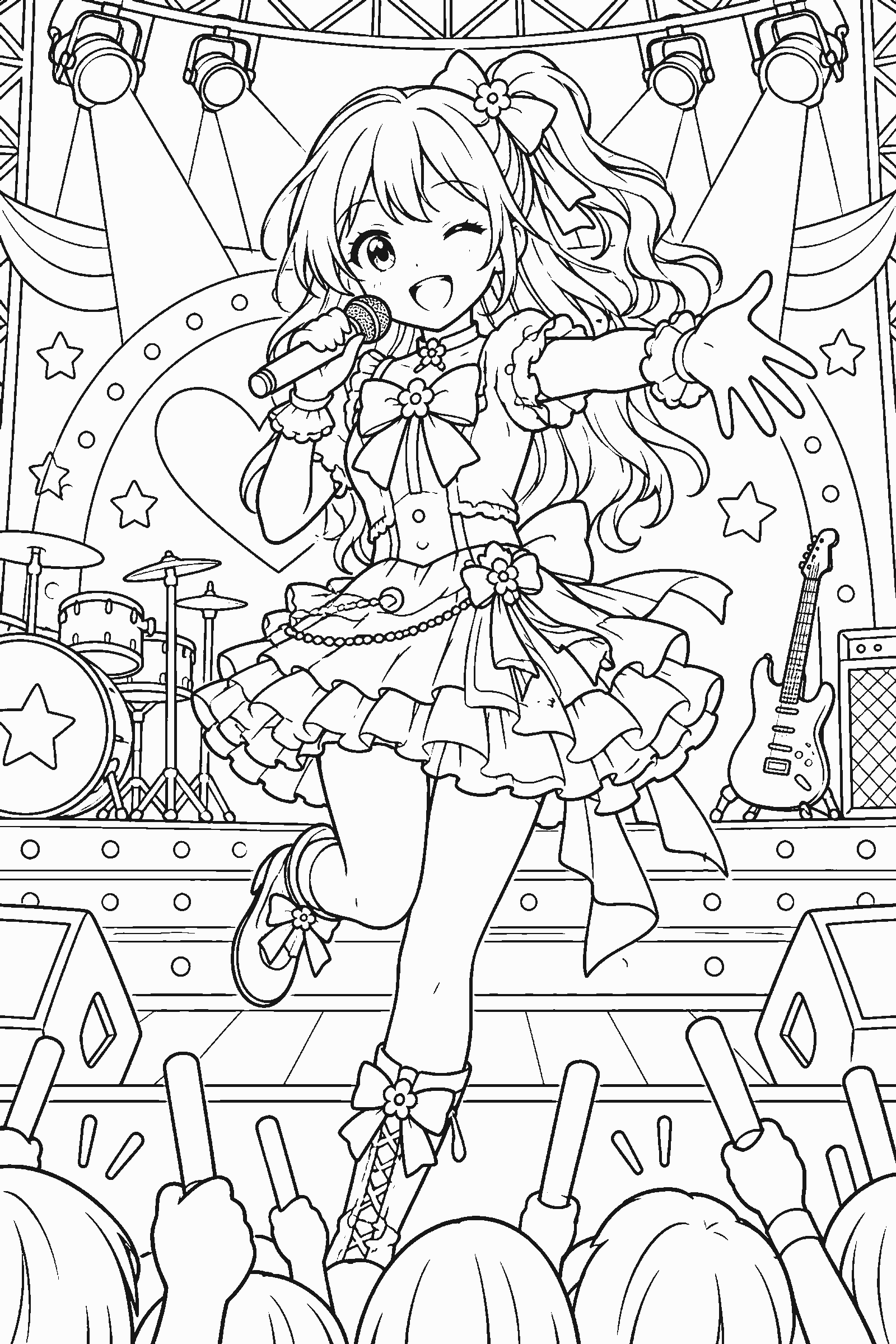 Coloring page of an original idol on stage with lights