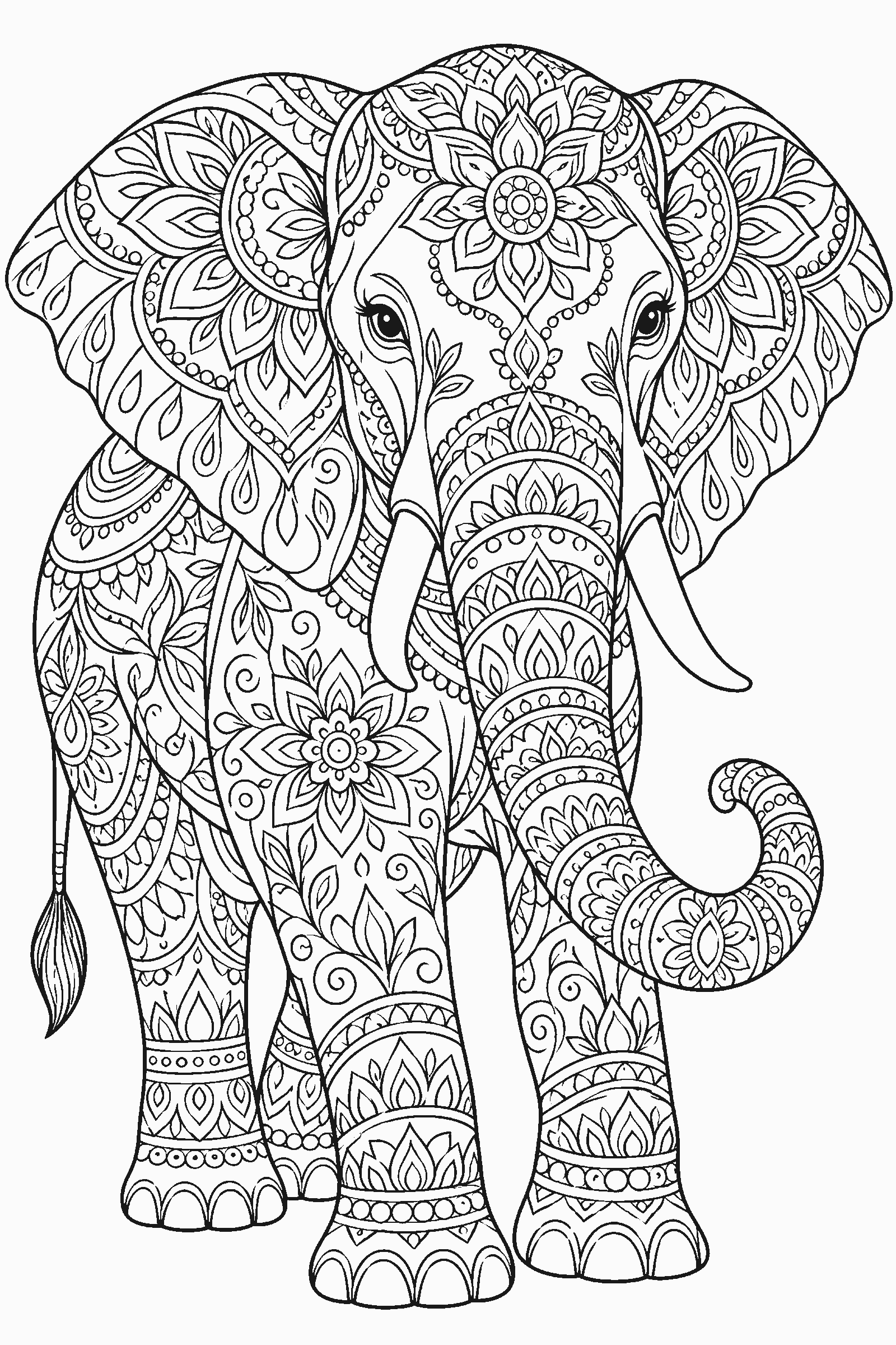 Coloring page of an elephant decorated with mandala patterns