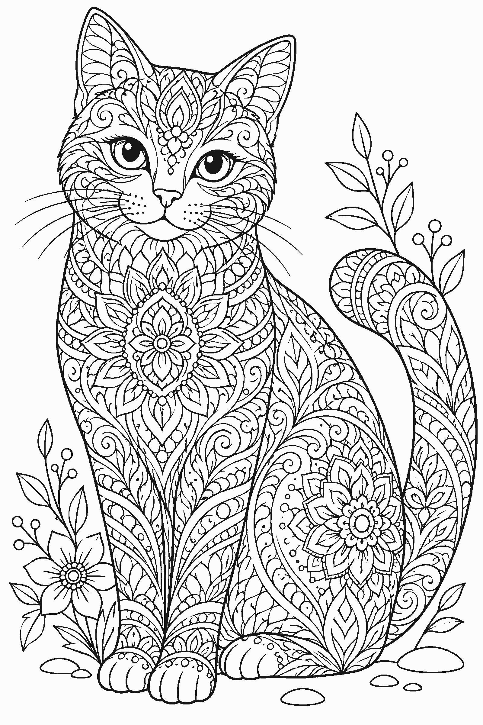 Coloring page of a cat decorated with mandala patterns