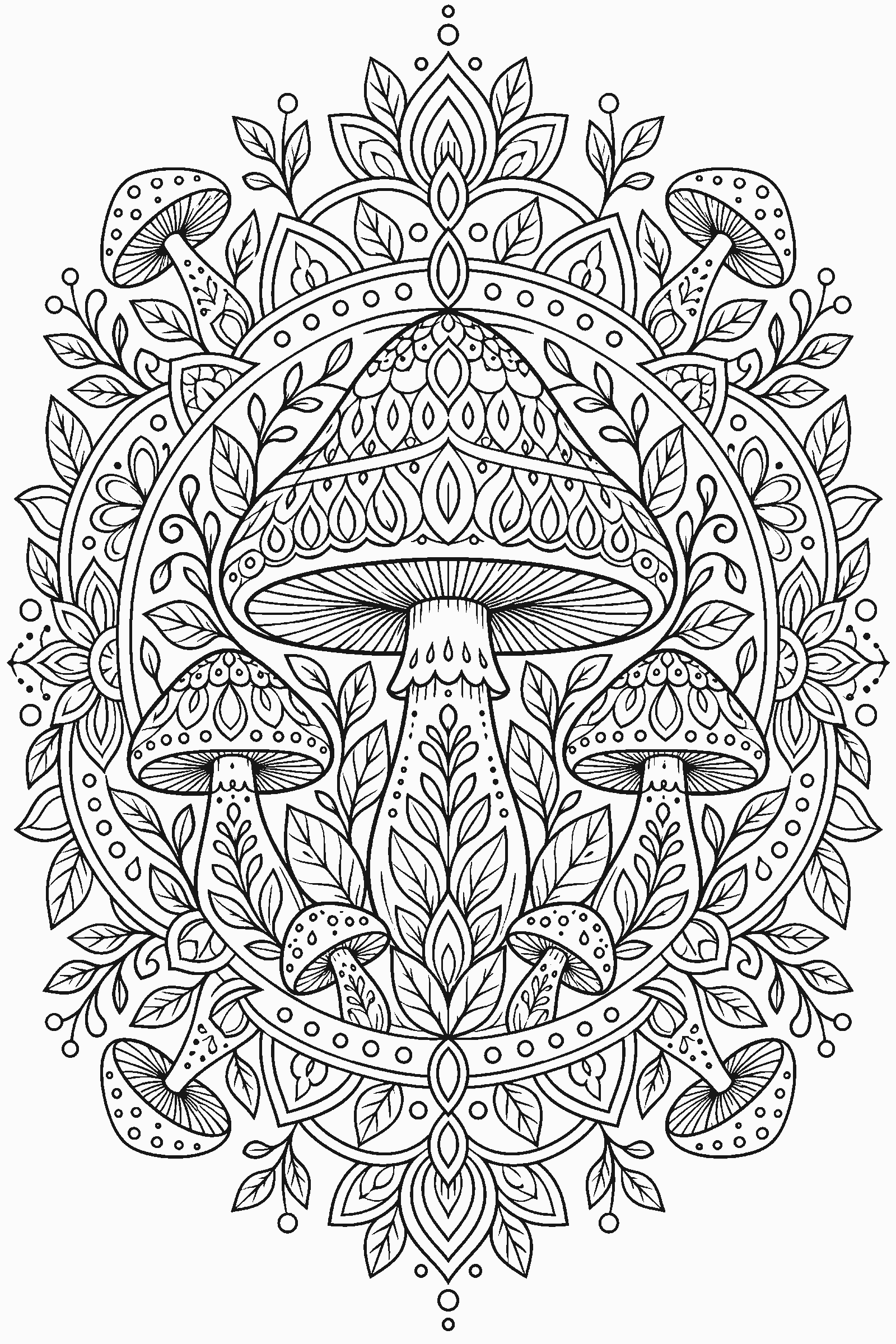 Coloring page of a mushroom mandala