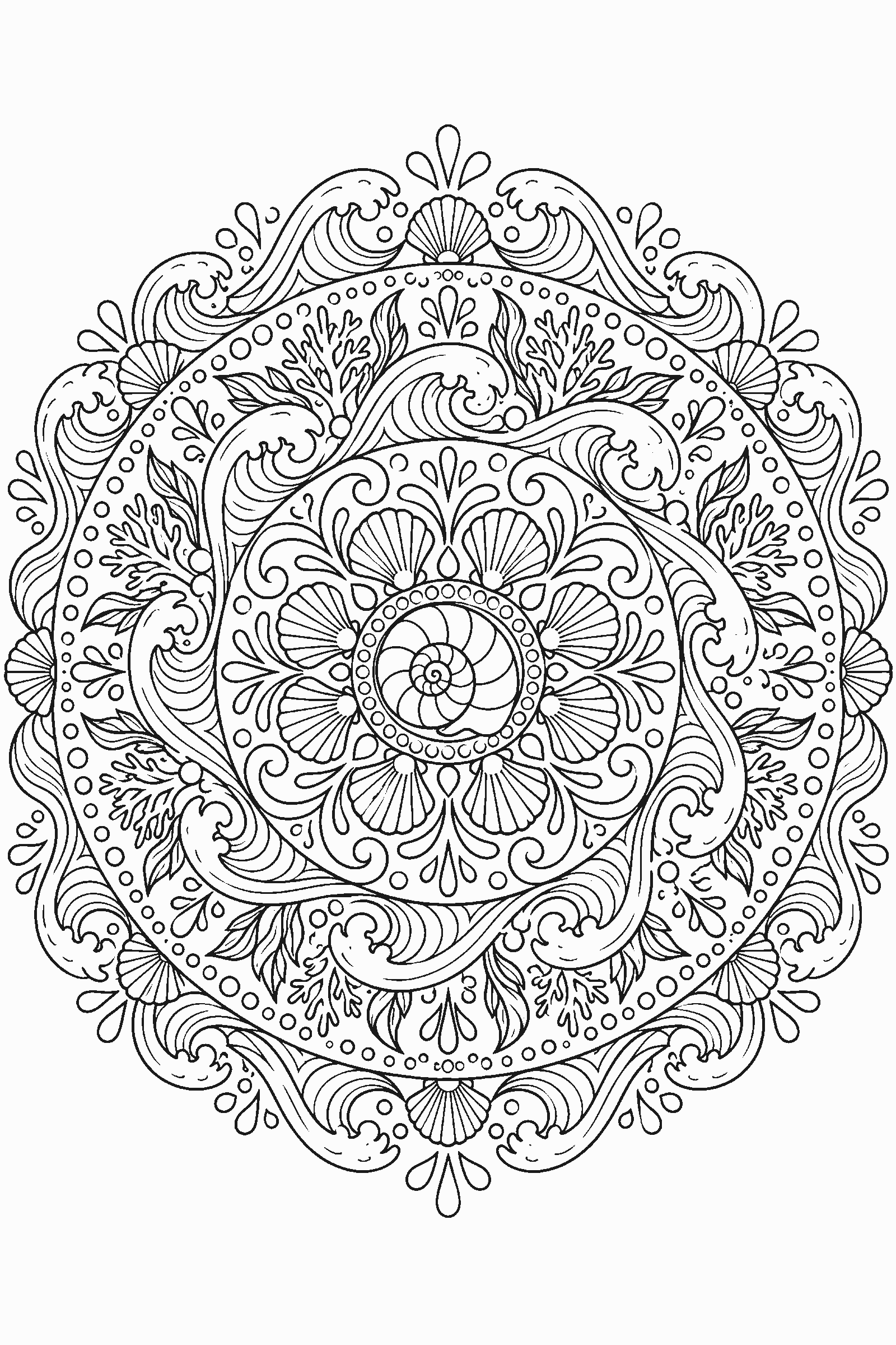 Coloring page of an ocean mandala with waves