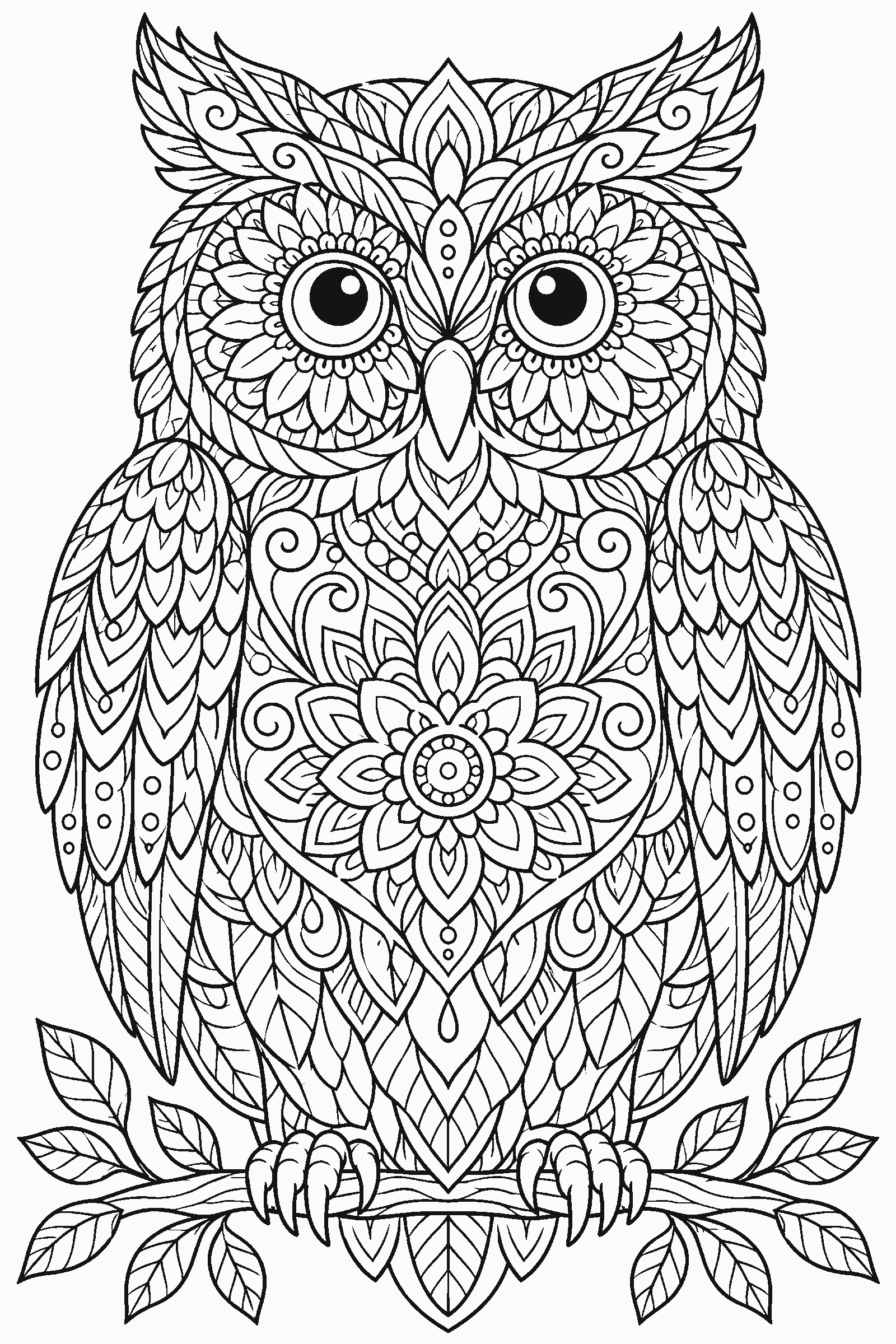 Coloring page of an owl made of mandala patterns
