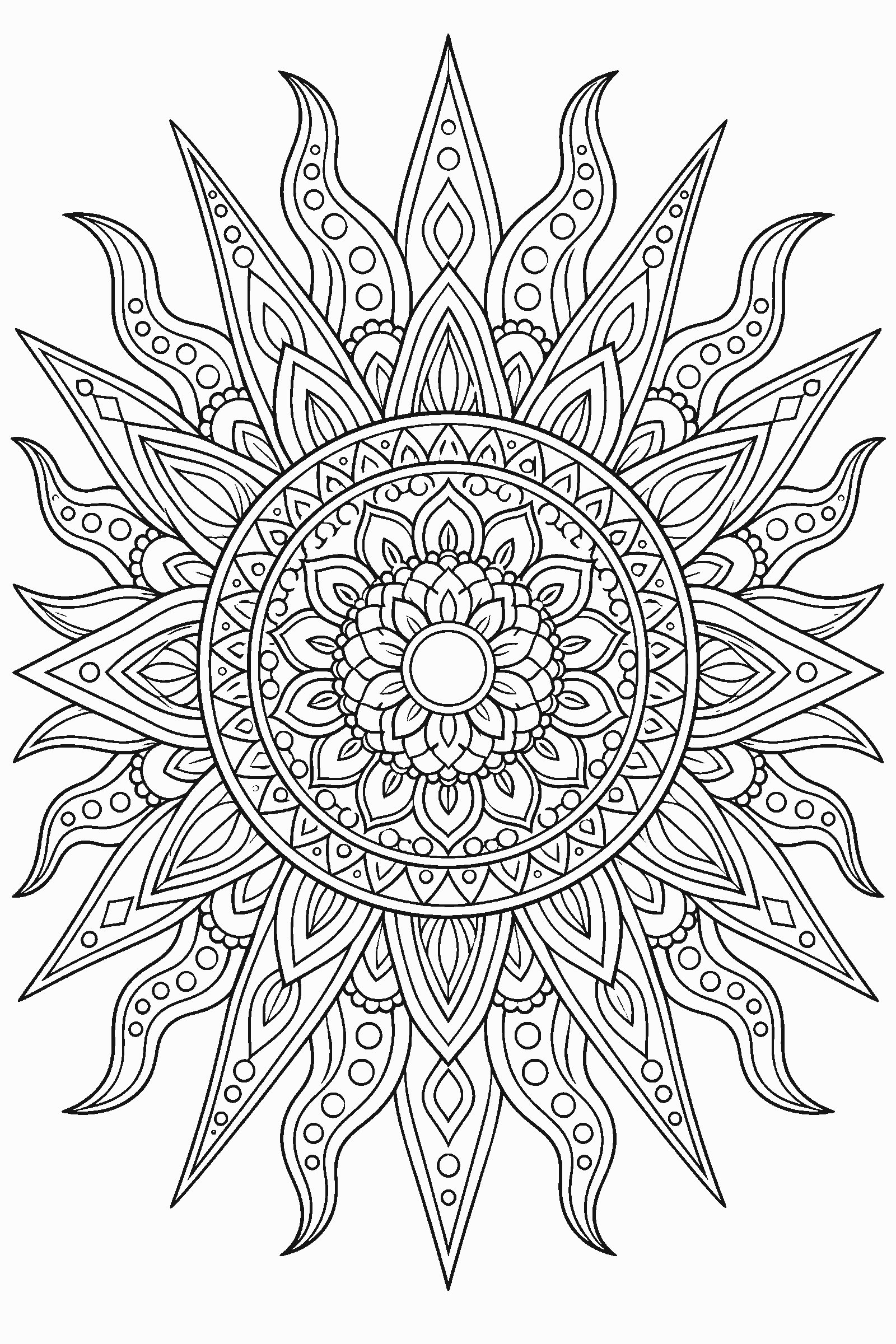 Coloring page of a detailed sun mandala