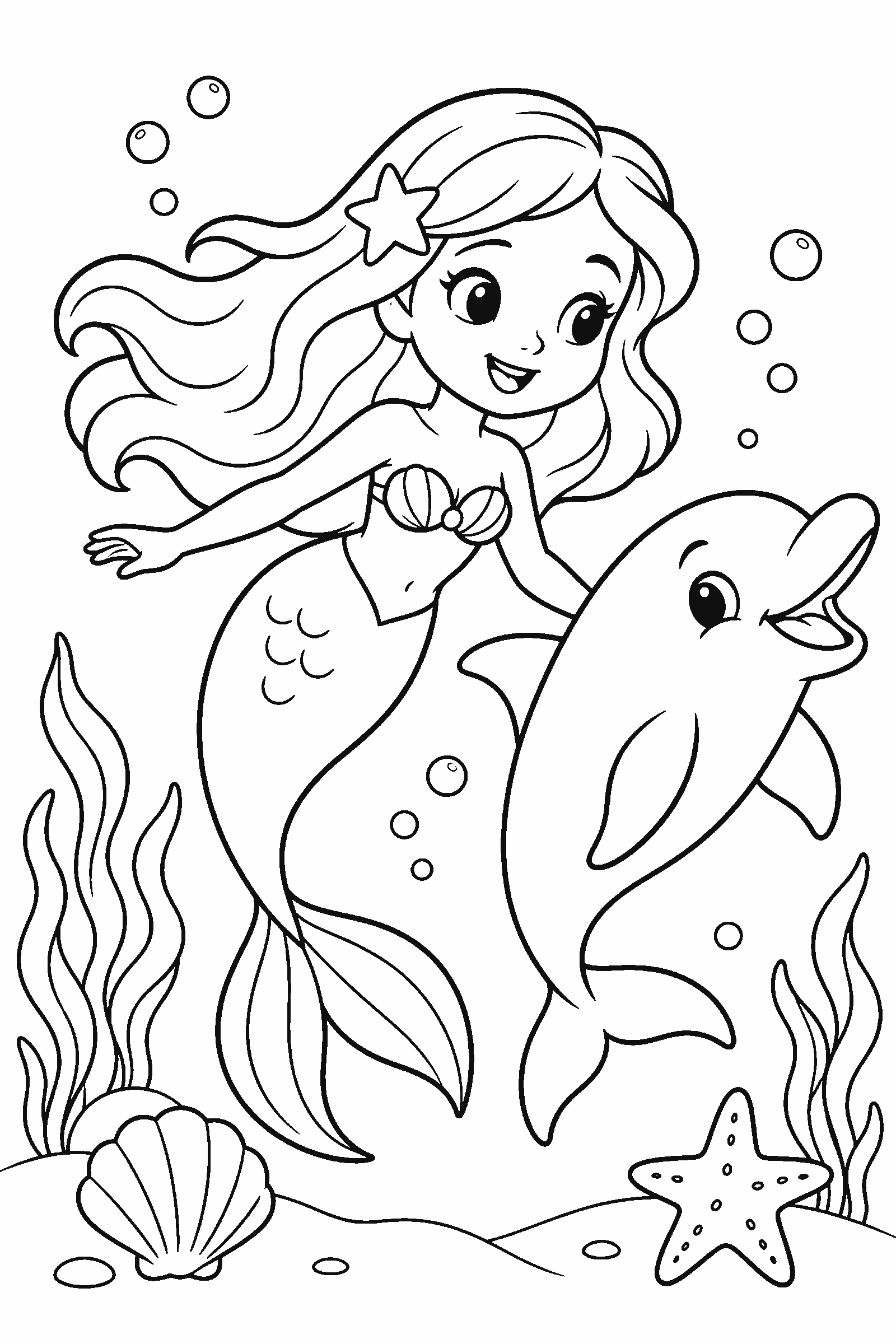 Coloring page of a mermaid swimming with a dolphin