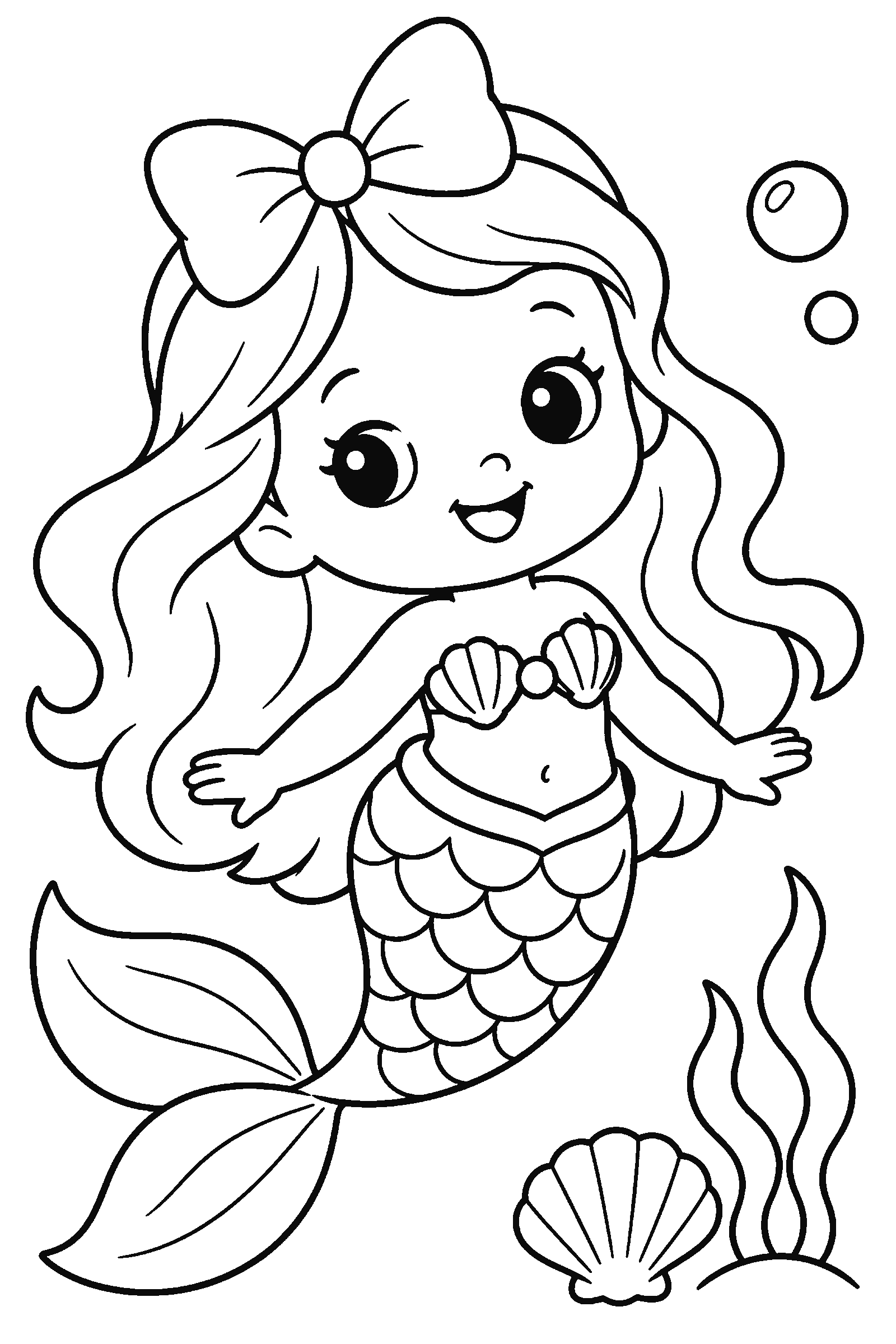 Coloring page of a baby mermaid with a bow