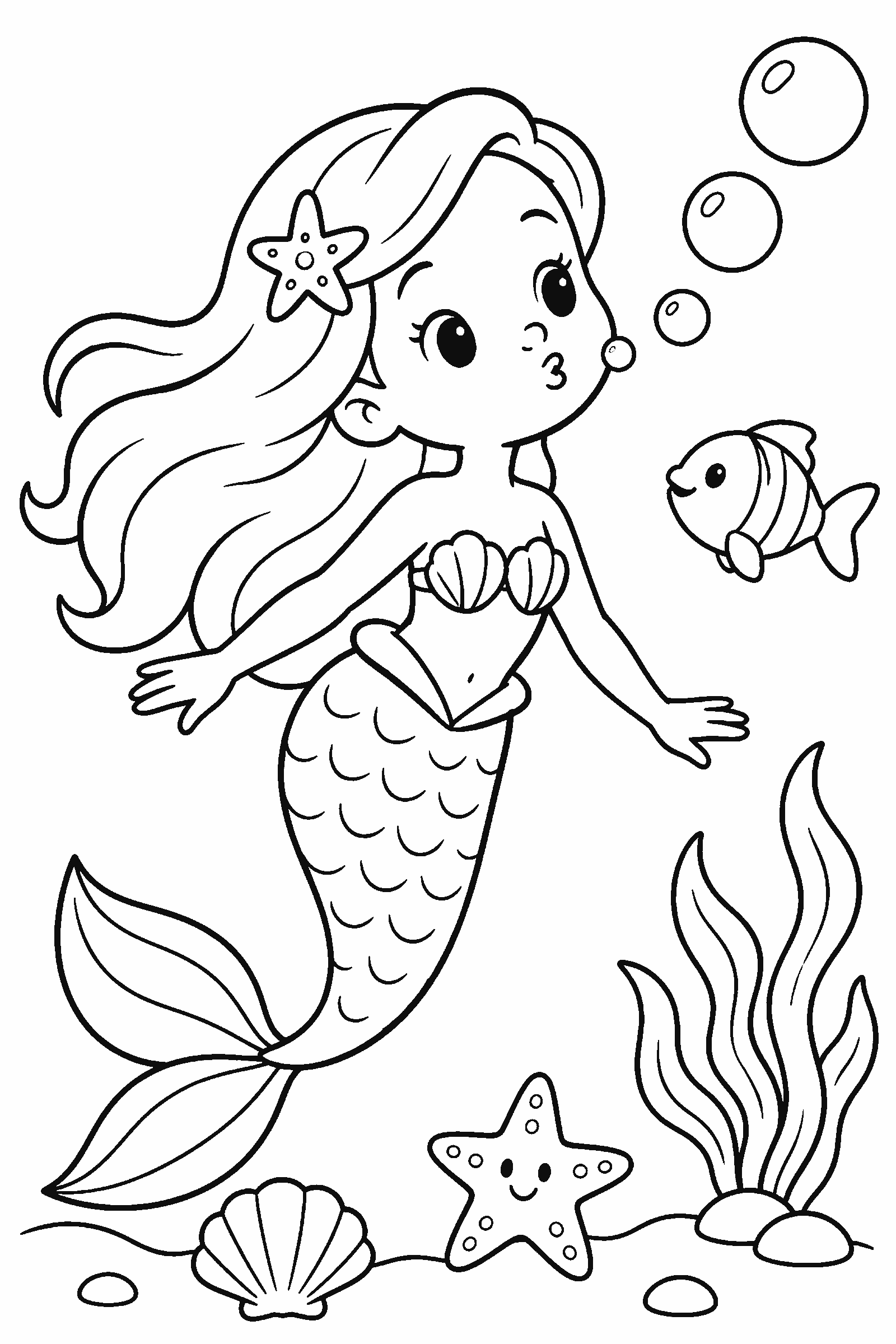 Coloring page of a mermaid blowing bubbles