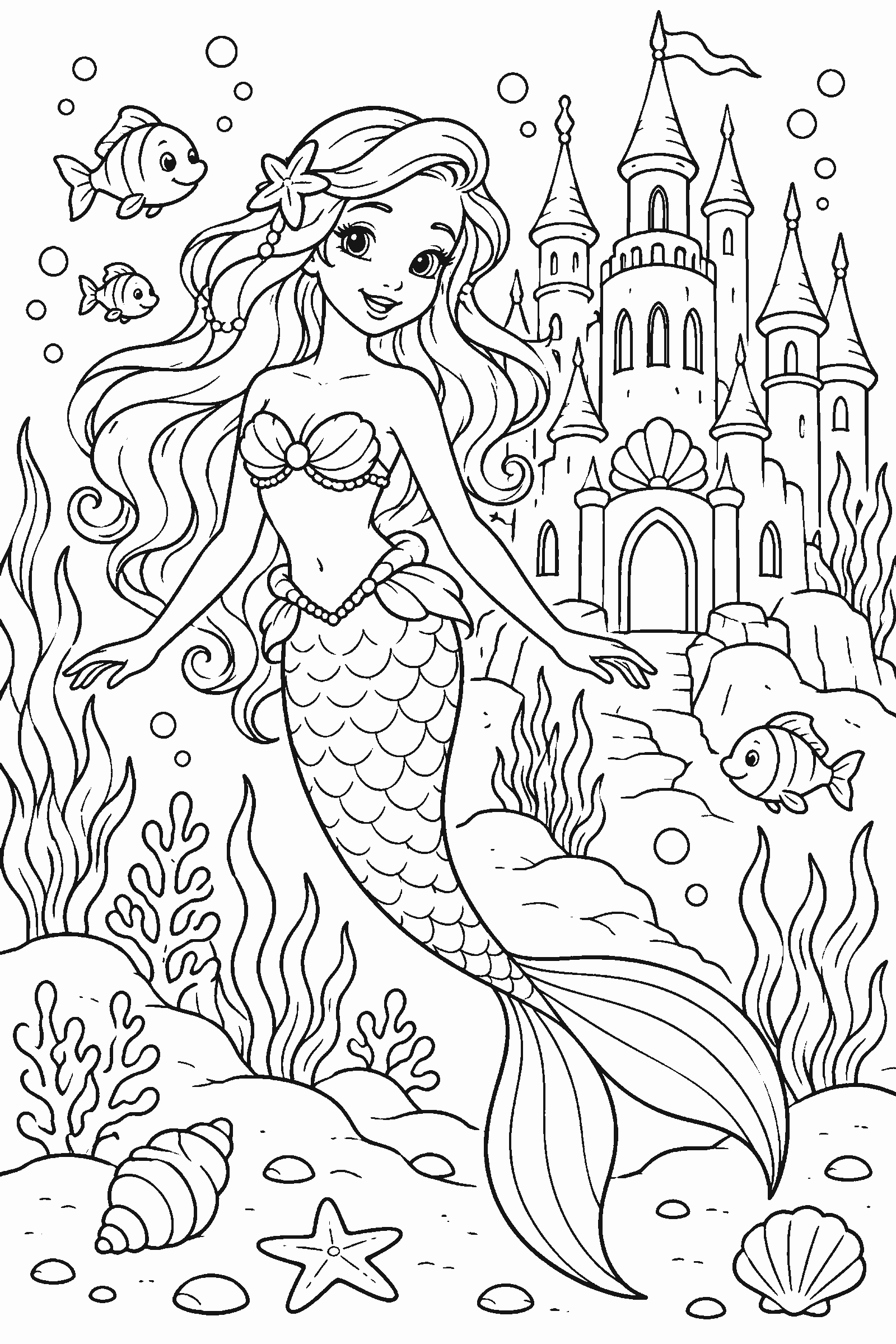 Coloring page of a mermaid in front of an underwater castle