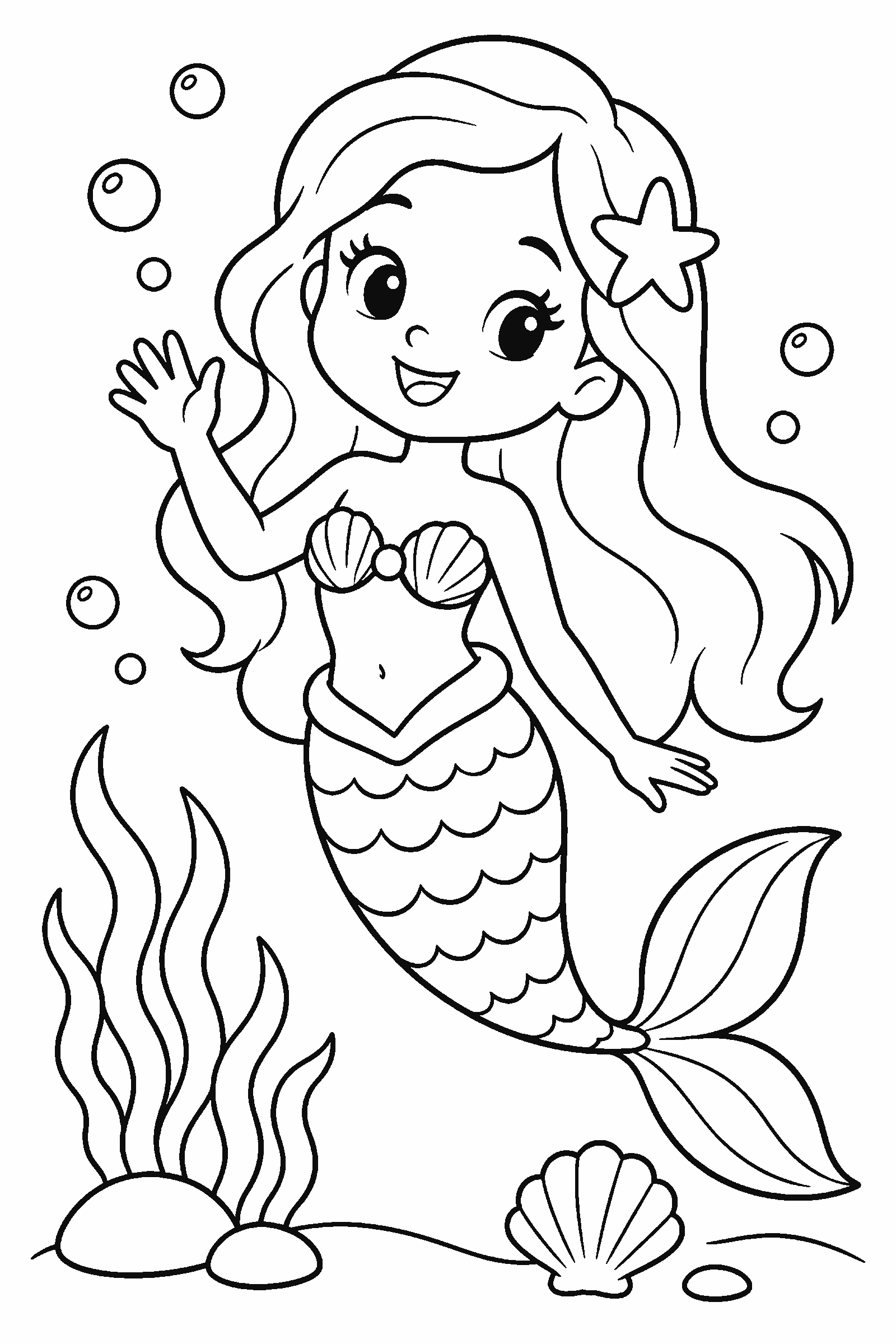 Coloring page of a cute little mermaid waving