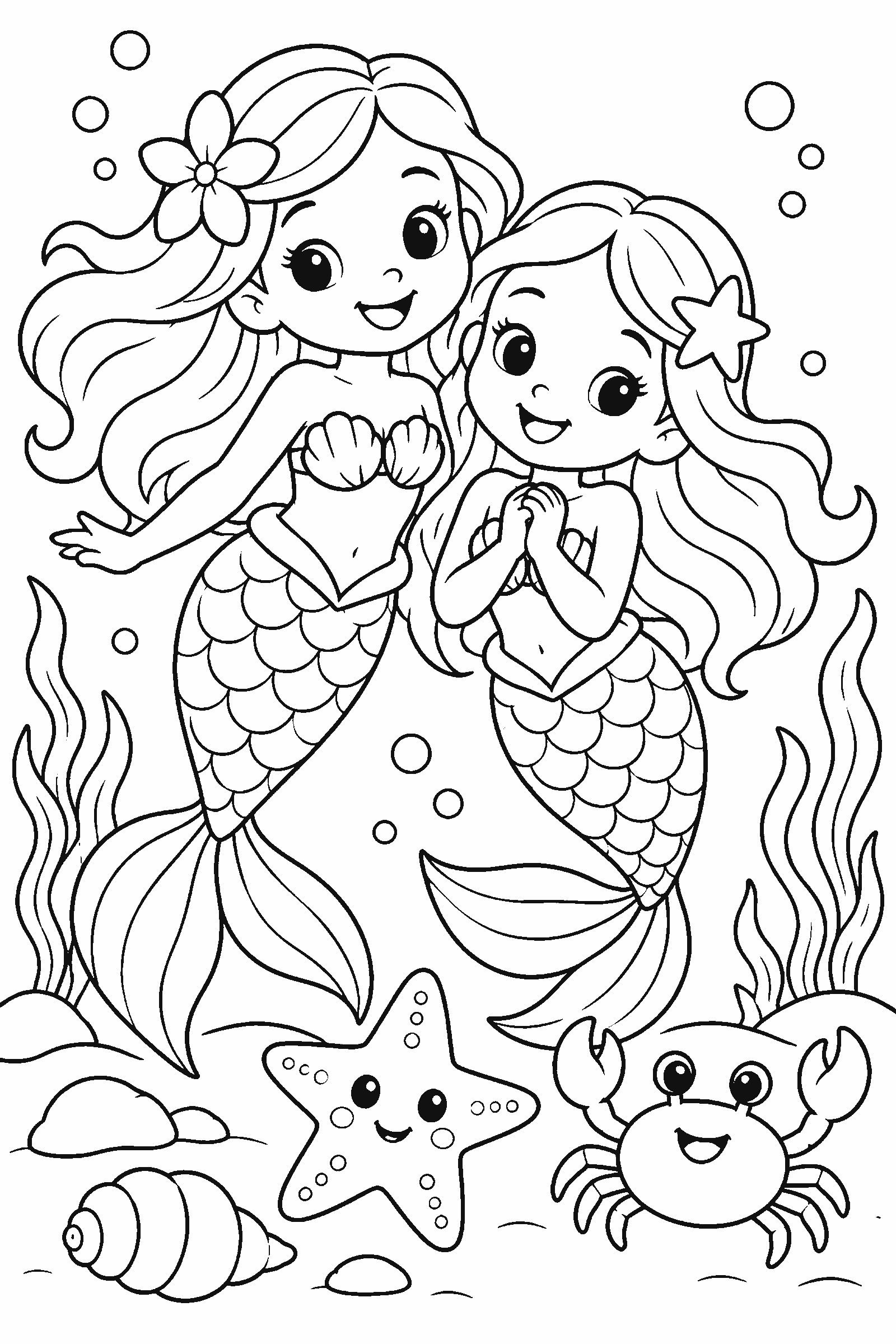 Coloring page of two mermaid friends with a starfish and a crab
