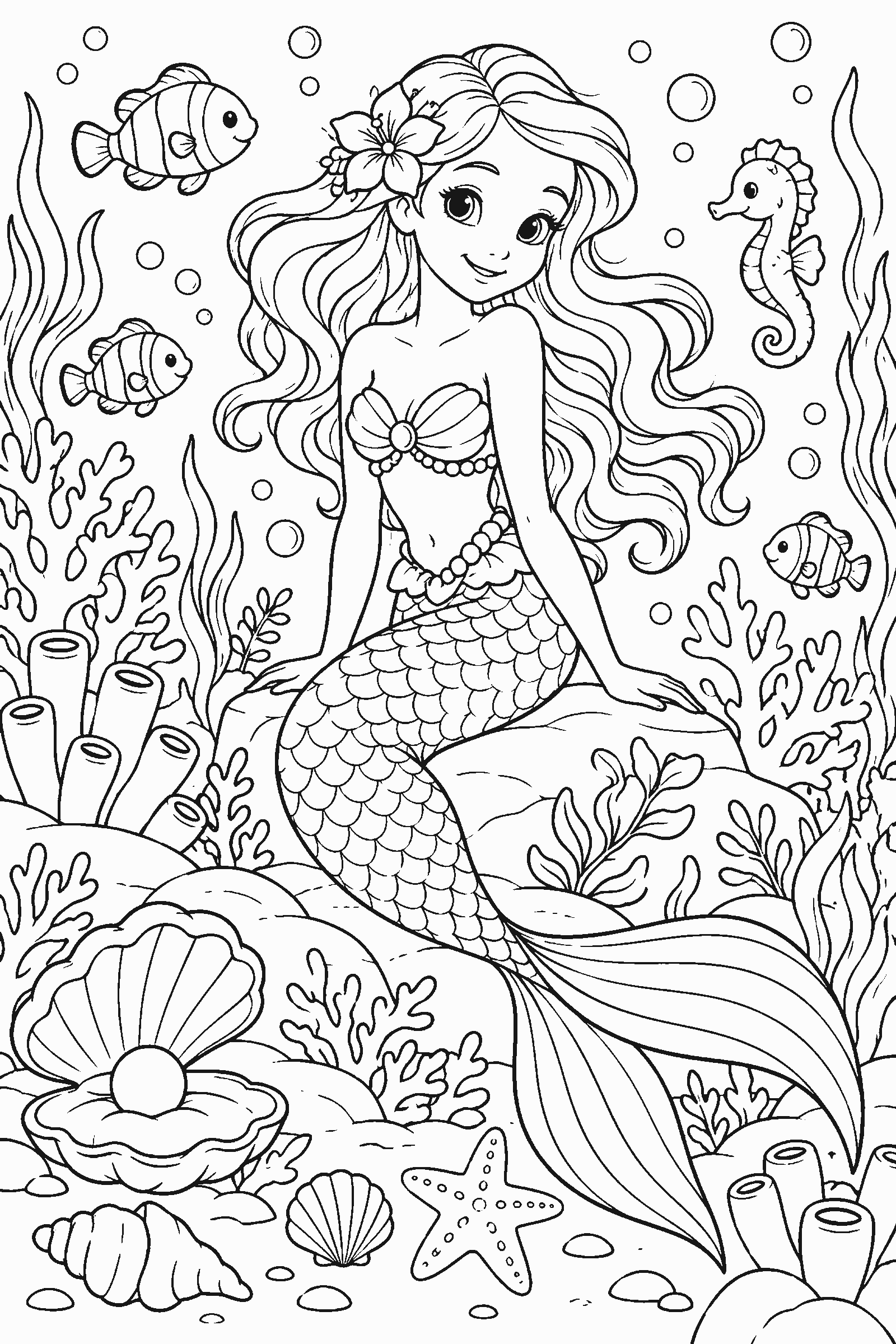 Coloring page of a mermaid in a coral garden