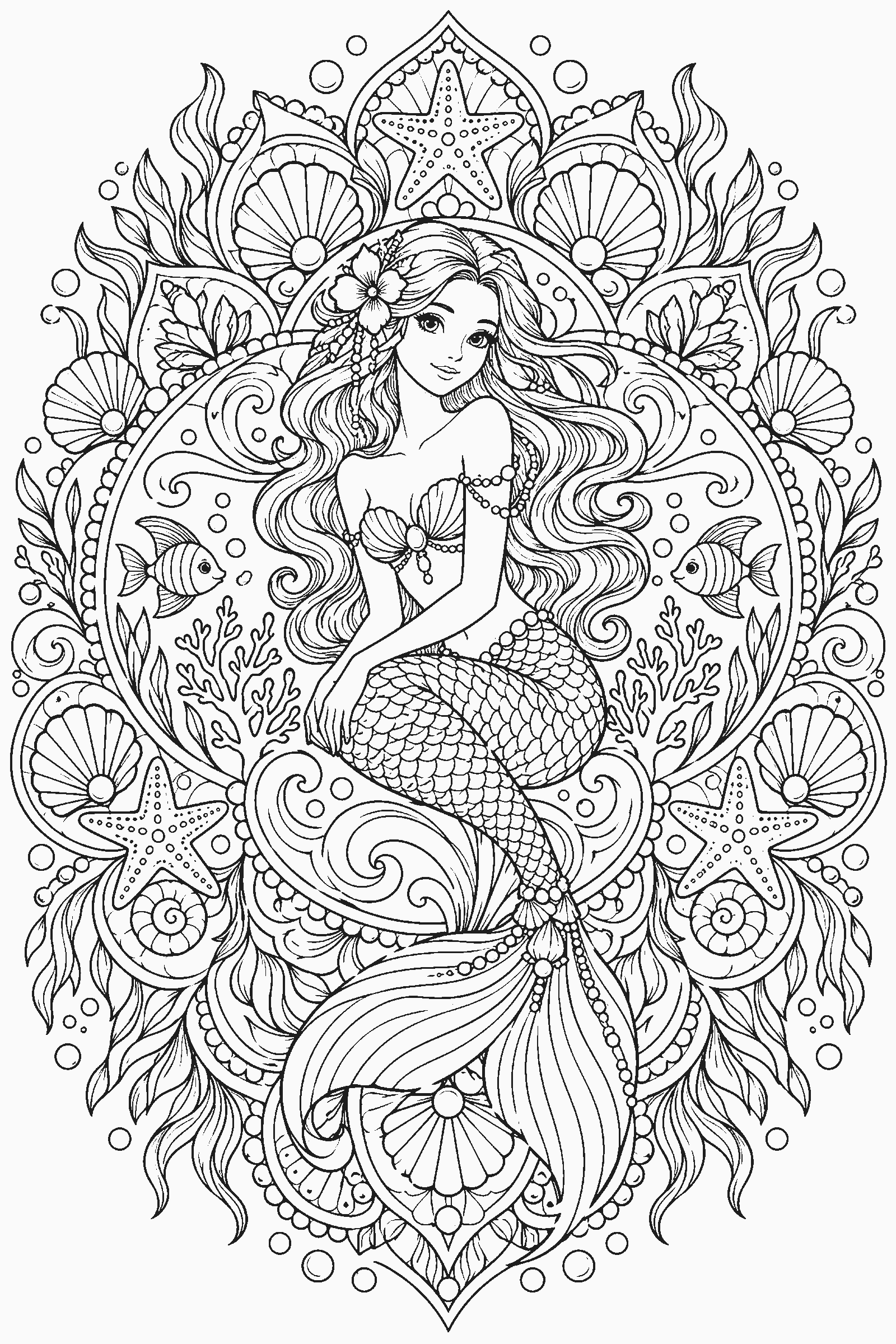 Coloring page of a mermaid framed by an ocean mandala