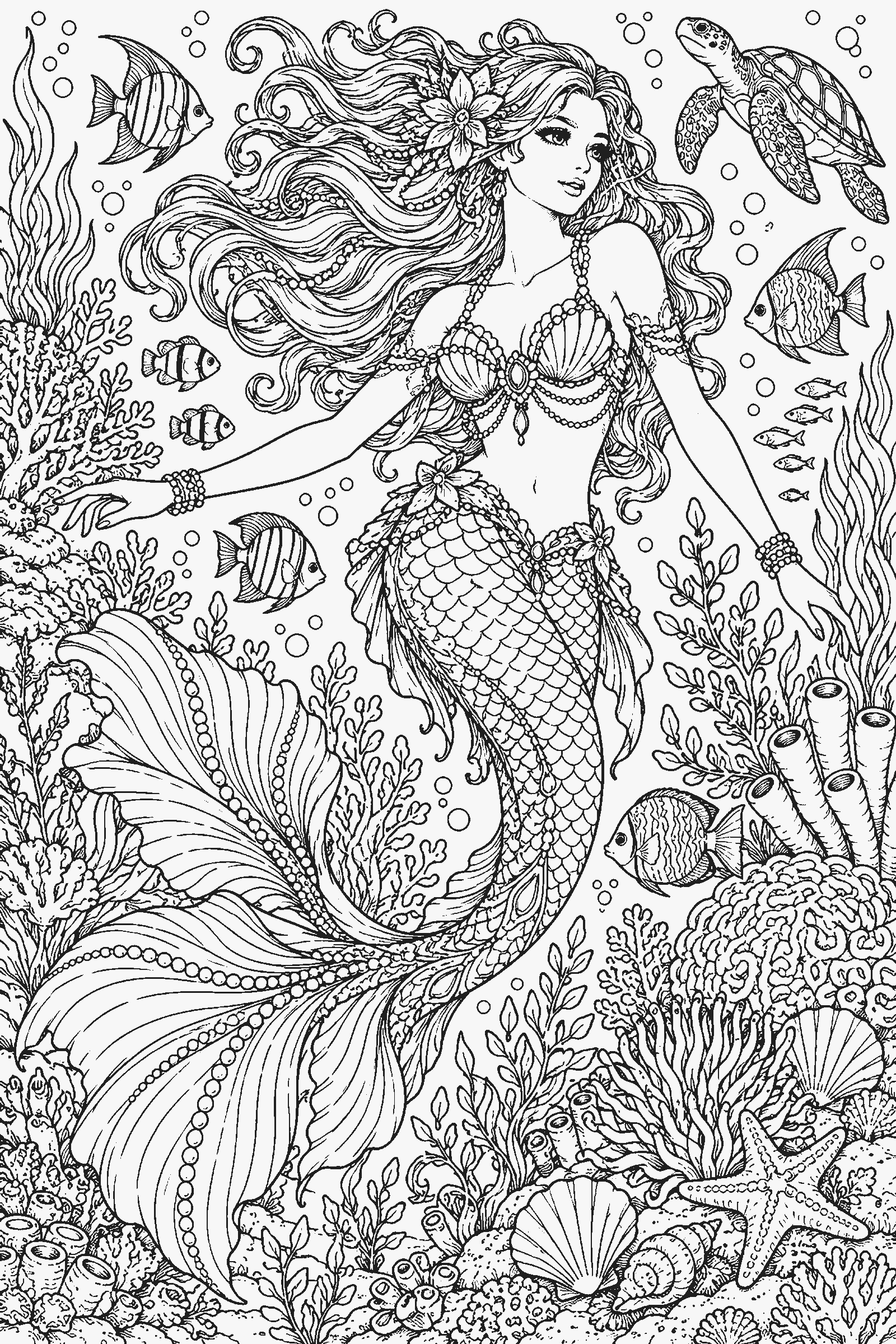 Detailed coloring page of a mermaid swimming among coral reefs and tropical fish