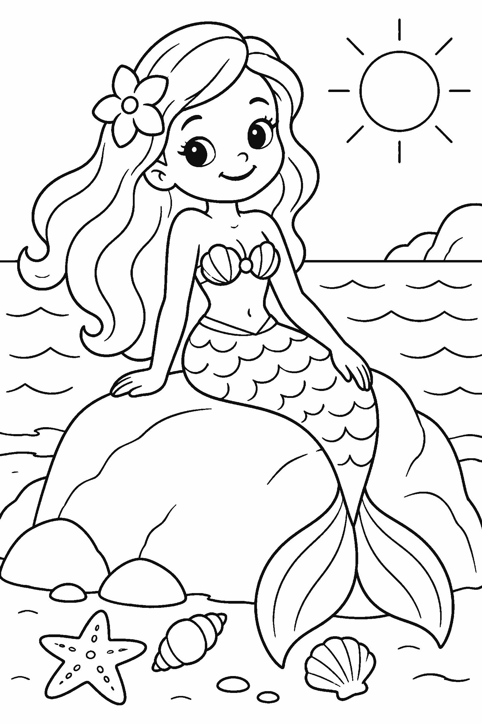 Coloring page of a mermaid sitting on a rock by the sea