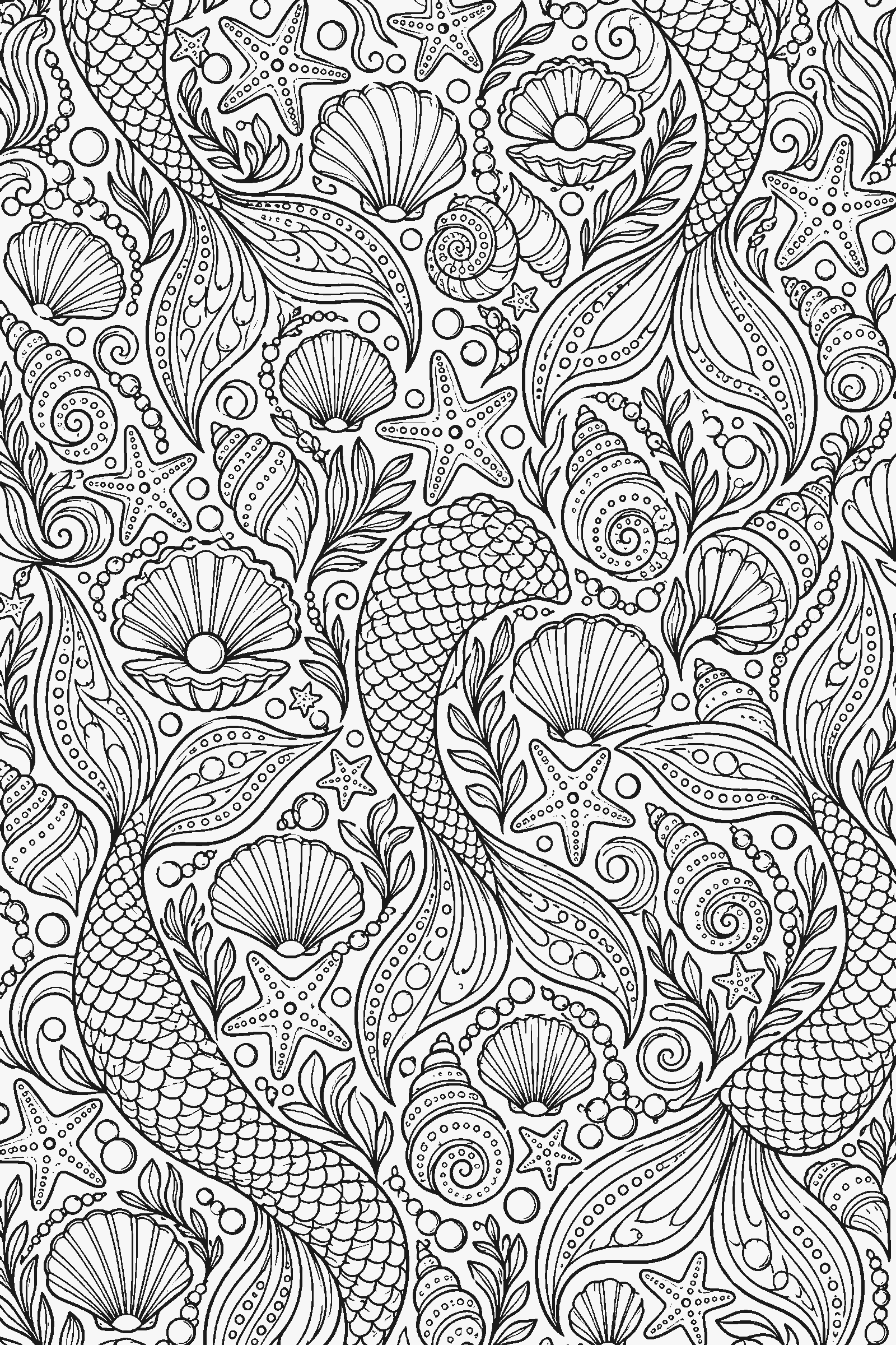 Coloring page of a full-page pattern of mermaid tails, shells and starfish