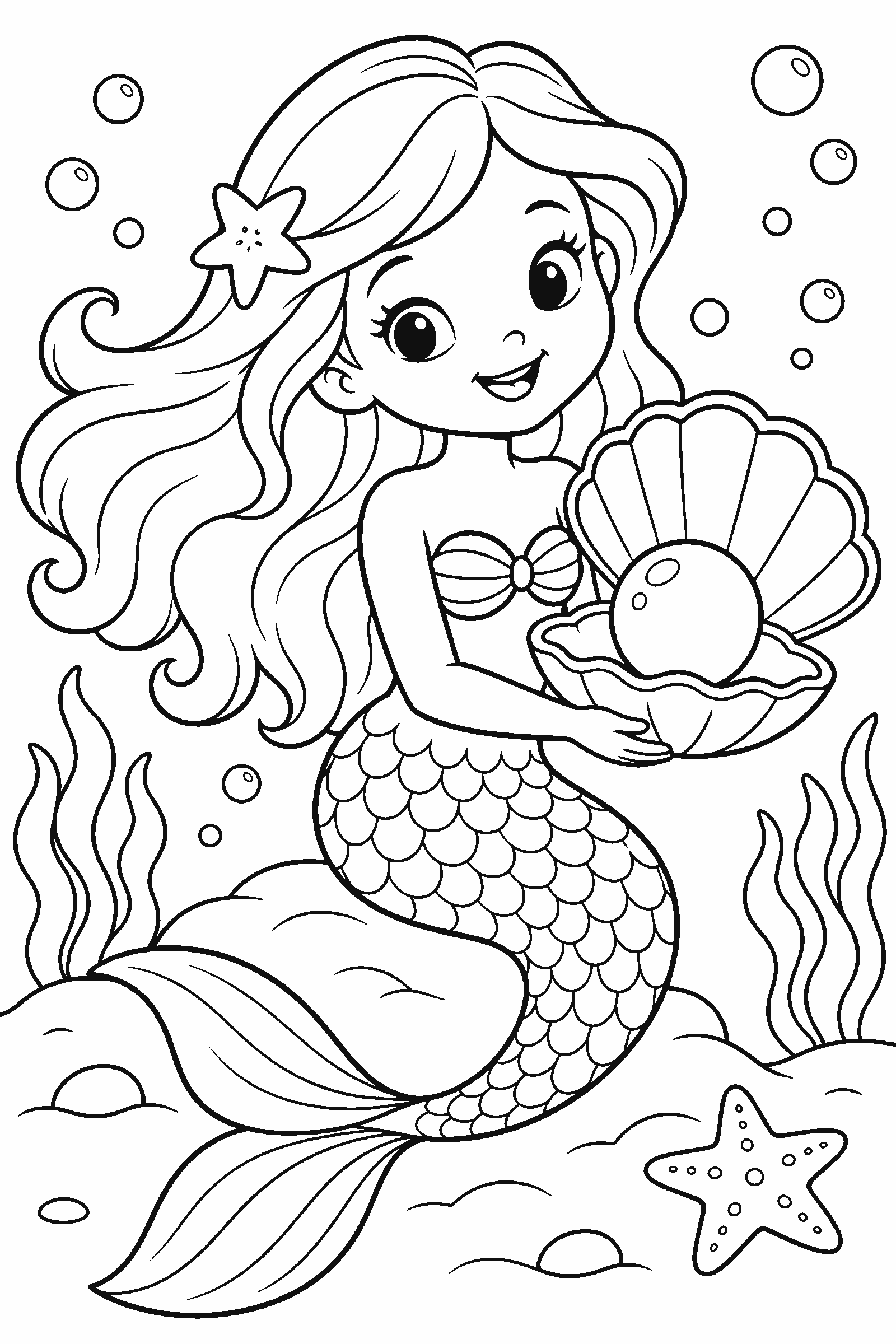 Coloring page of a mermaid holding a big pearl in a shell