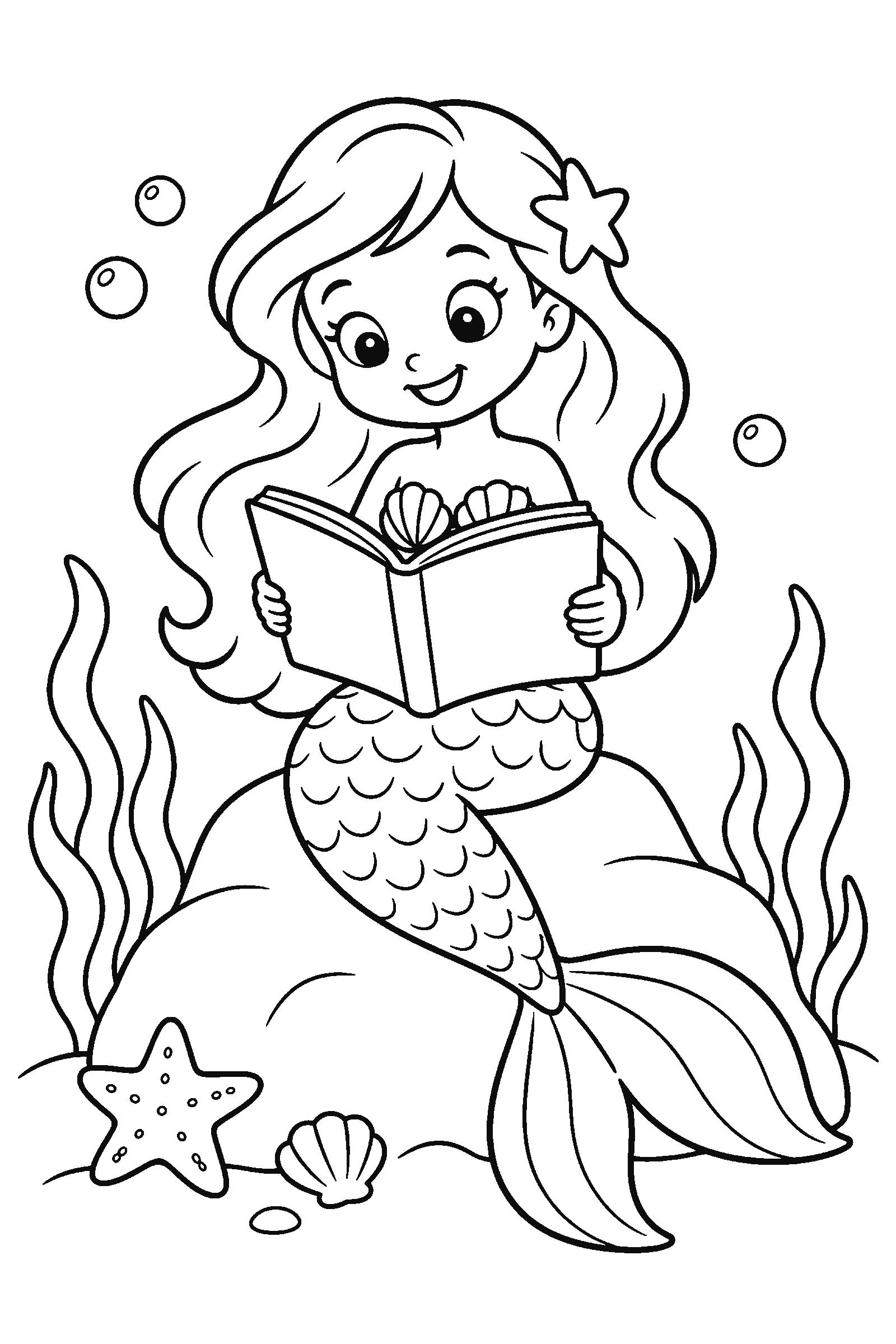 Coloring page of a mermaid reading a book on a rock