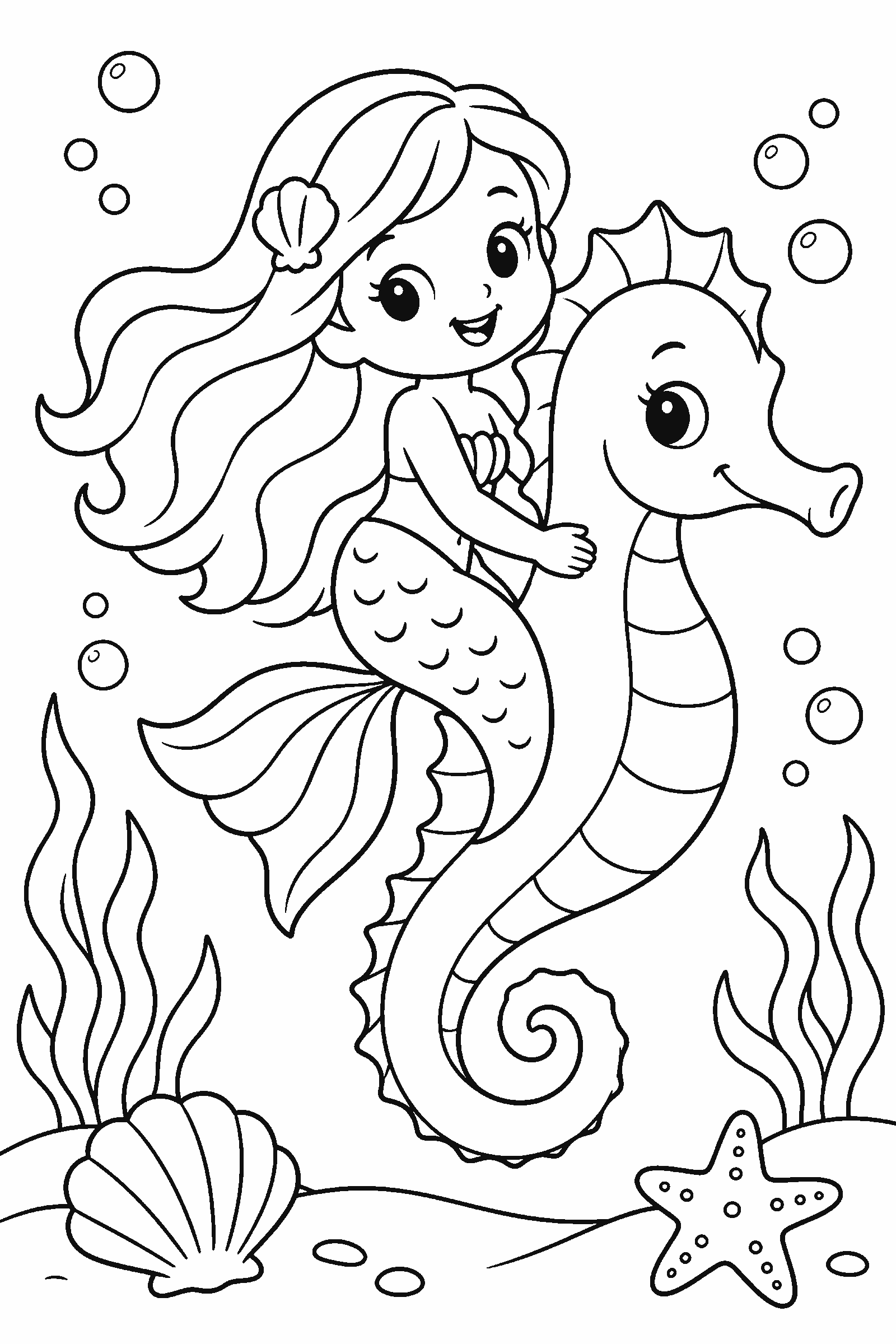 Coloring page of a mermaid riding a seahorse