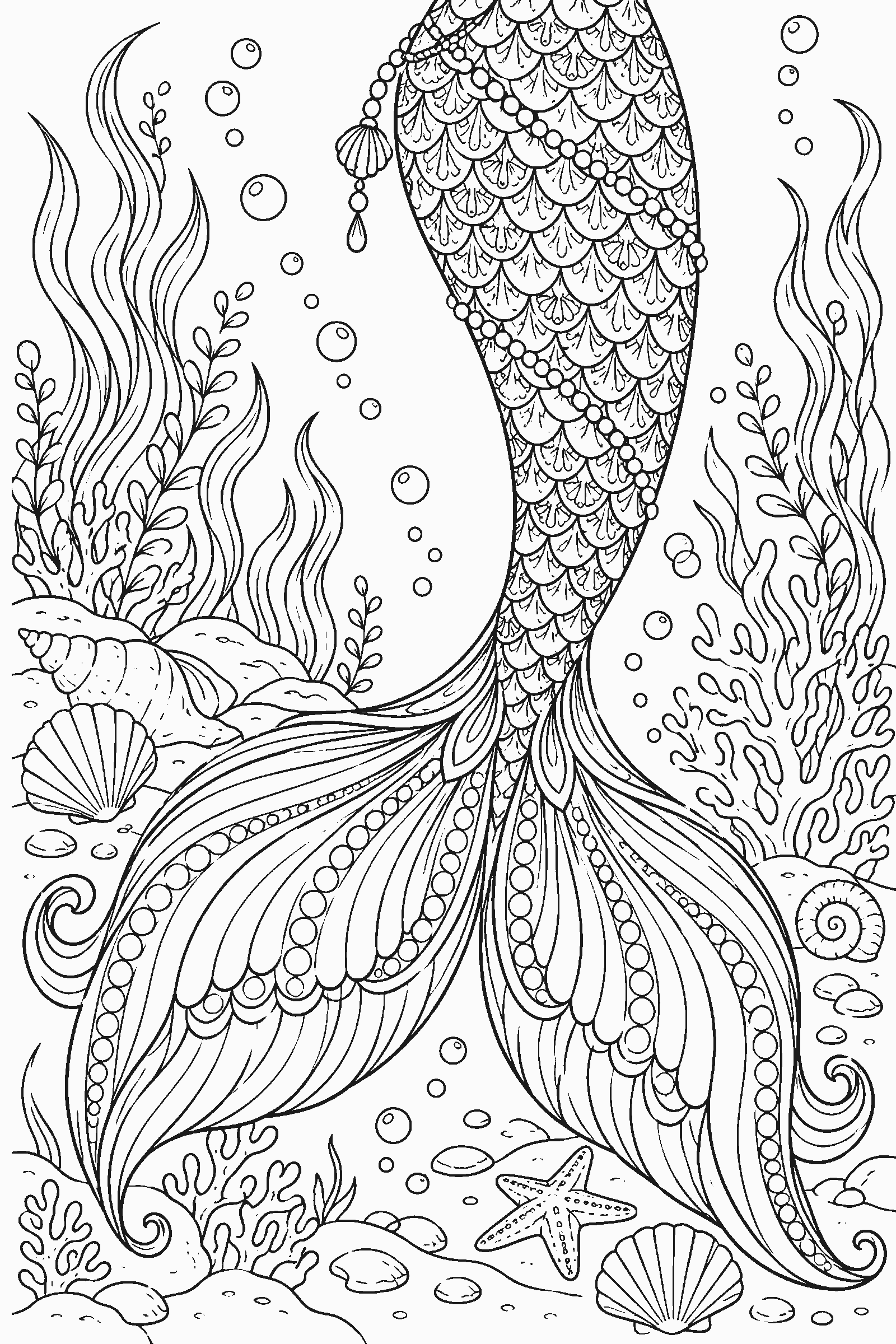 Coloring page of a detailed mermaid tail with scale patterns