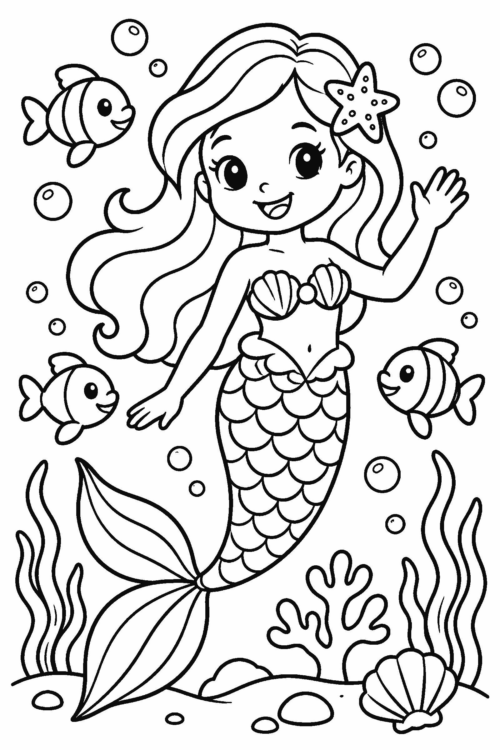 Coloring page of a mermaid with a starfish in her hair waving among bubbles and fish