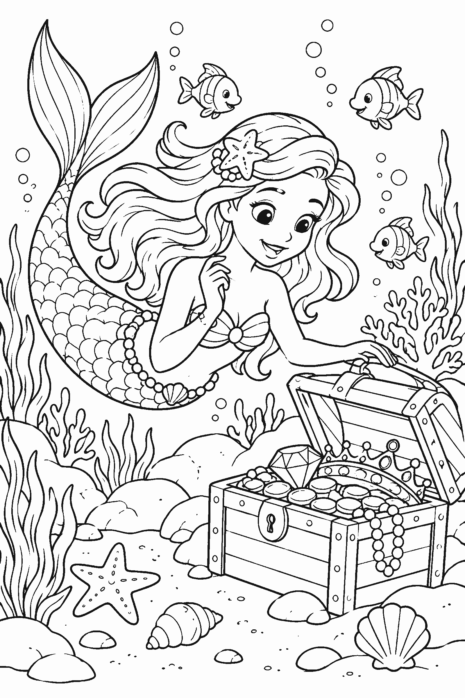 Coloring page of a mermaid finding a treasure chest