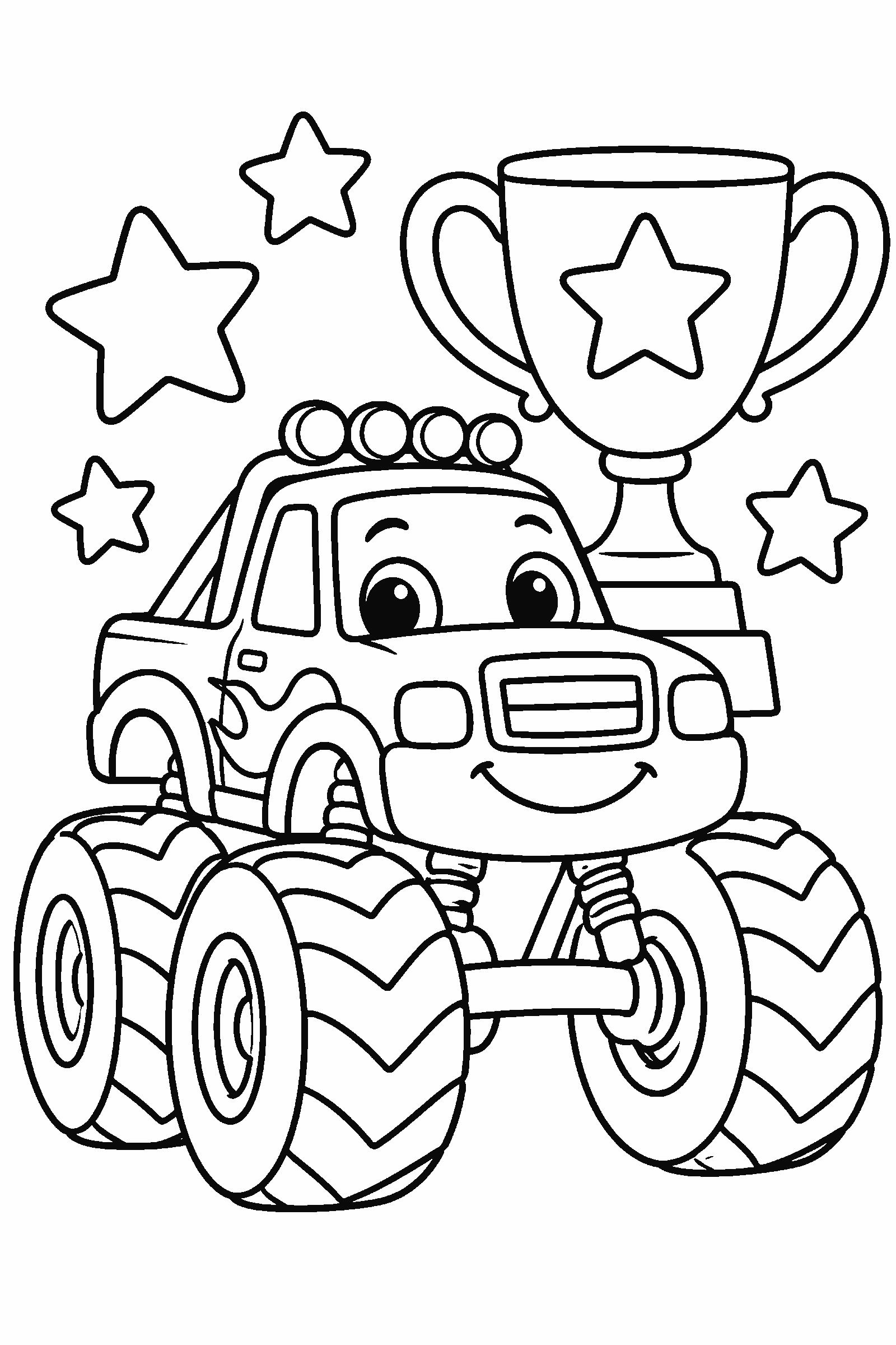 Coloring page of a monster truck next to a big trophy and stars