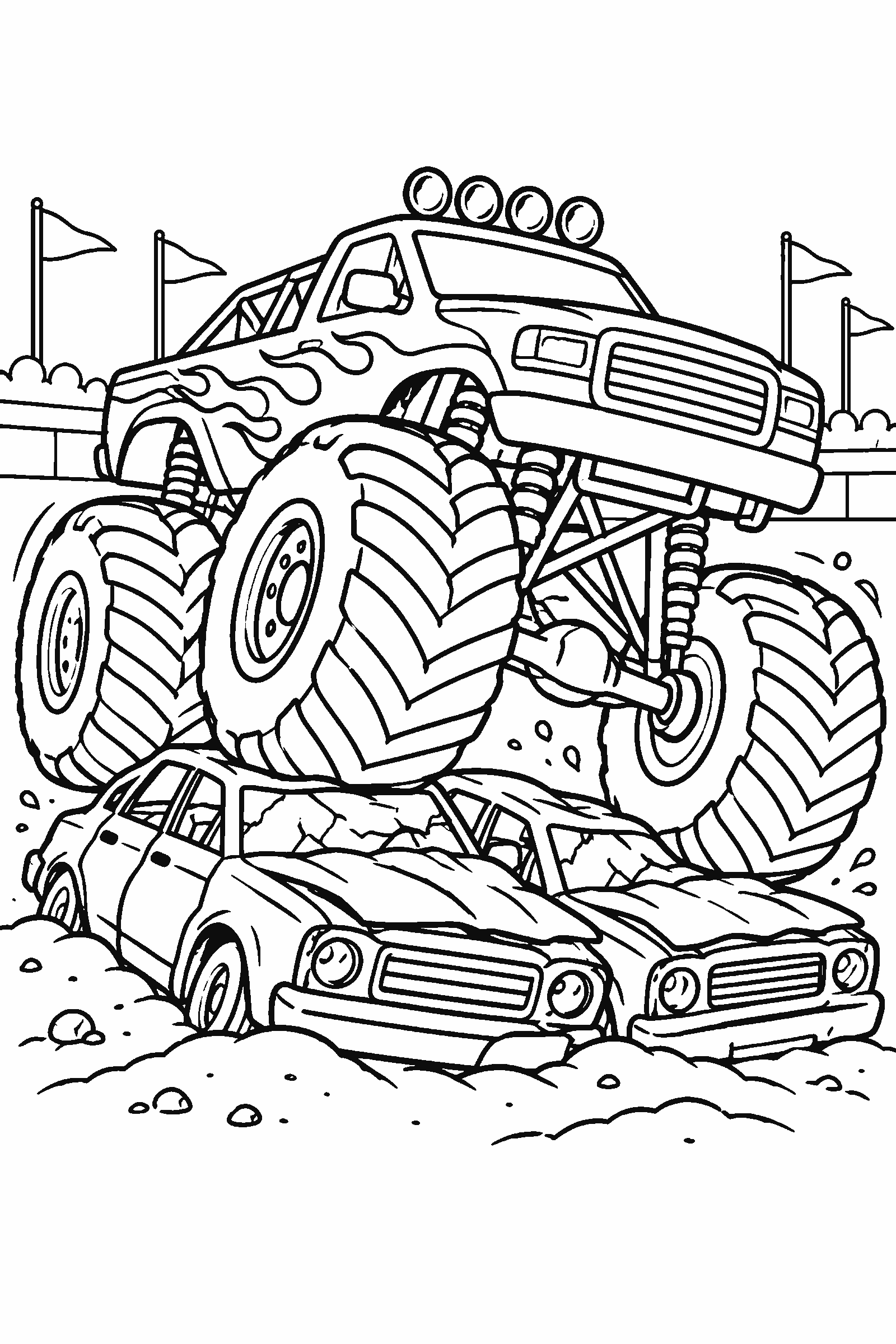Coloring page of a monster truck driving over old cars at a show