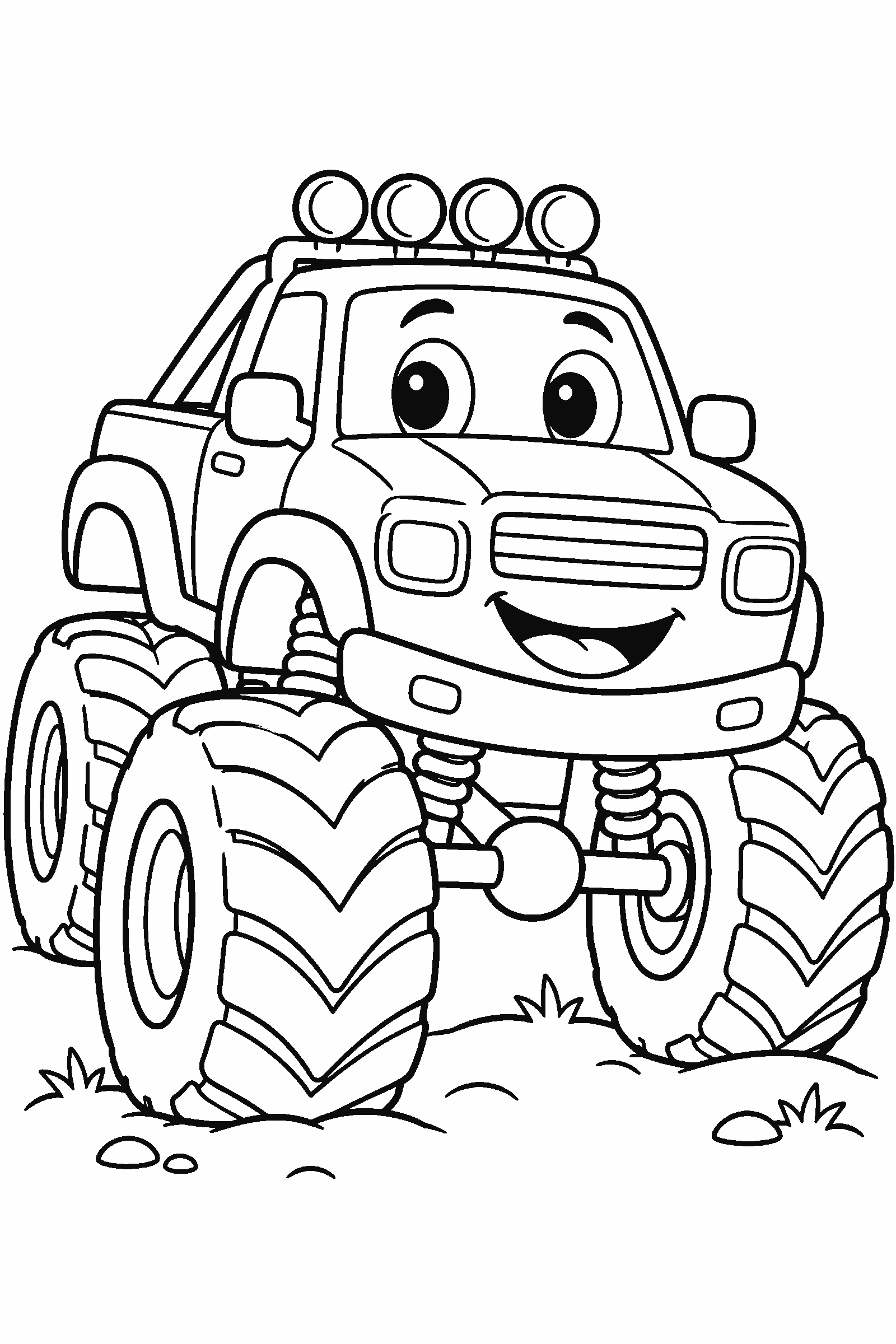 Coloring page of a cute cartoon monster truck with a smiling face
