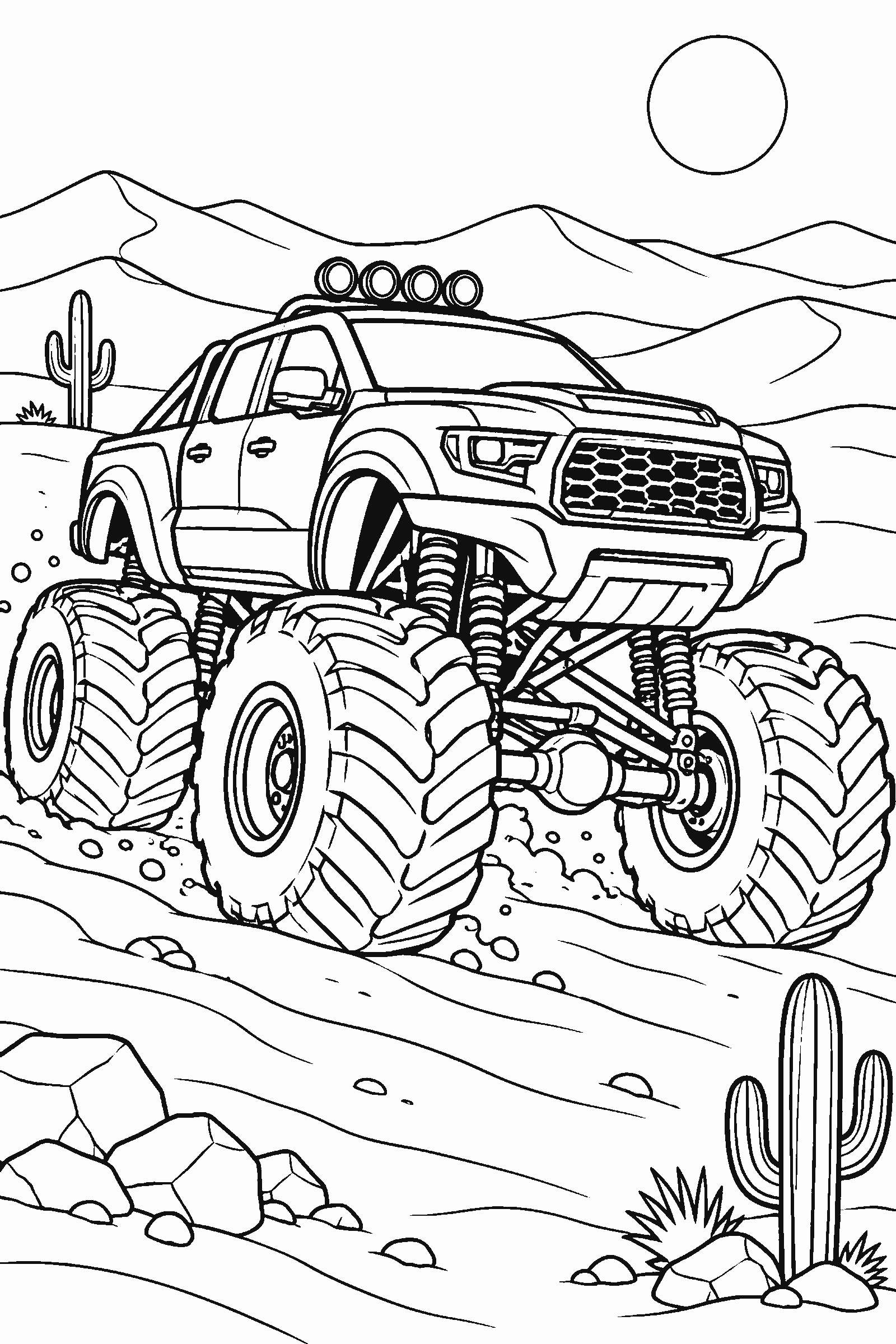 Coloring page of a monster truck in the desert