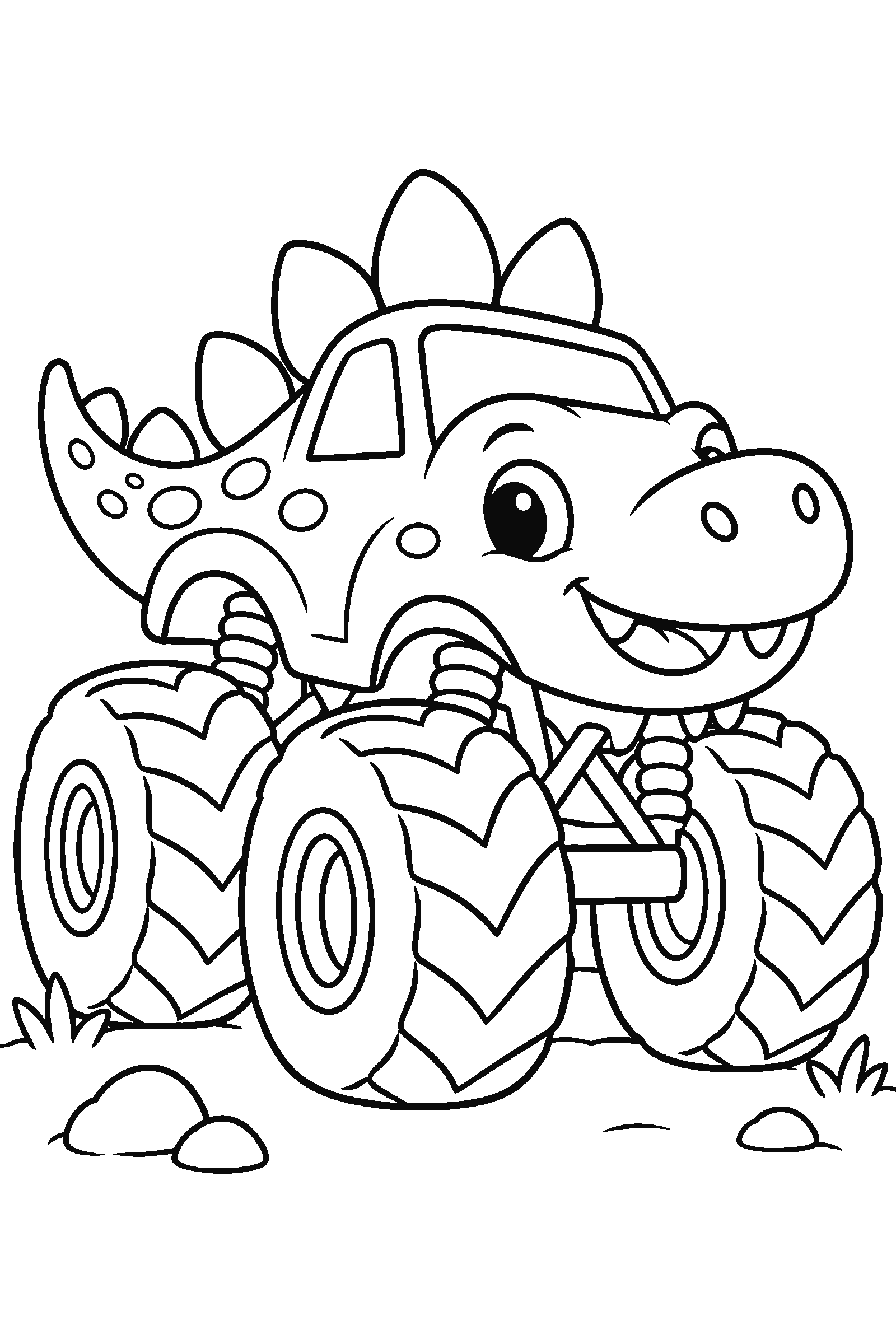 Coloring page of a monster truck shaped like a dinosaur