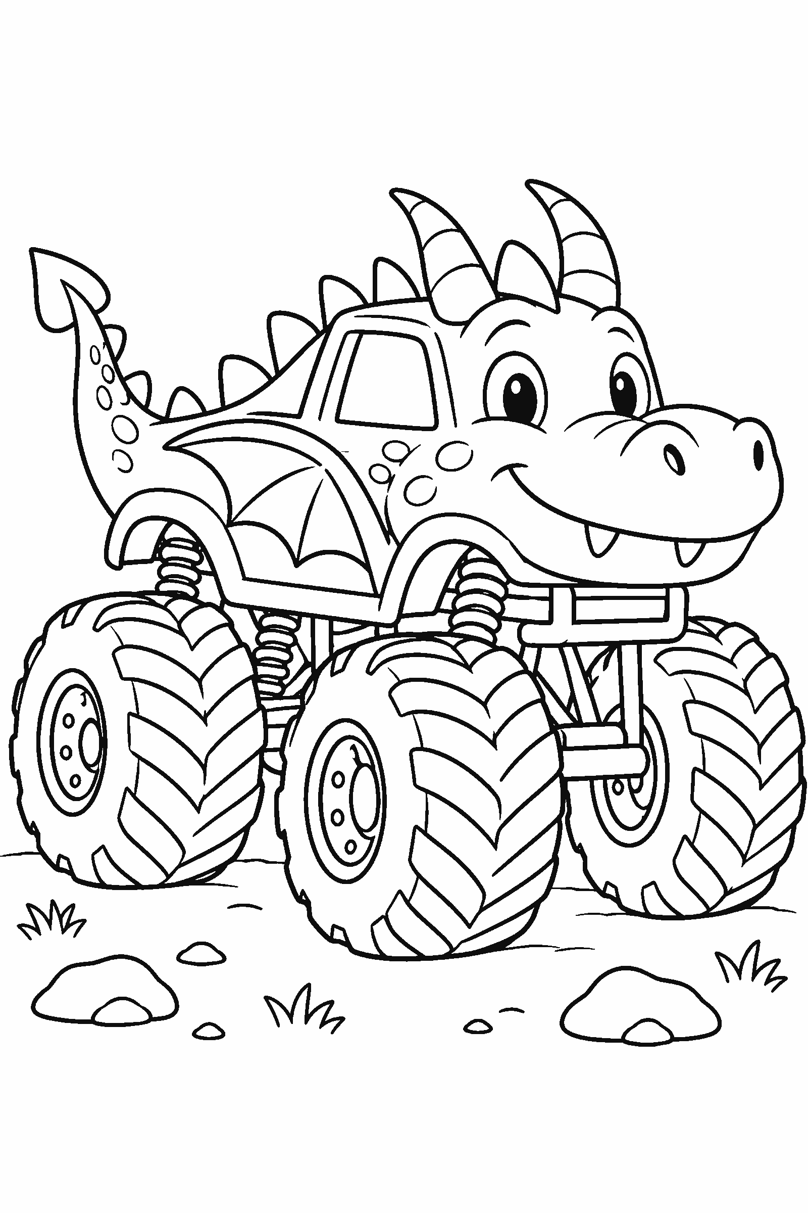 Coloring page of a monster truck shaped like a dragon