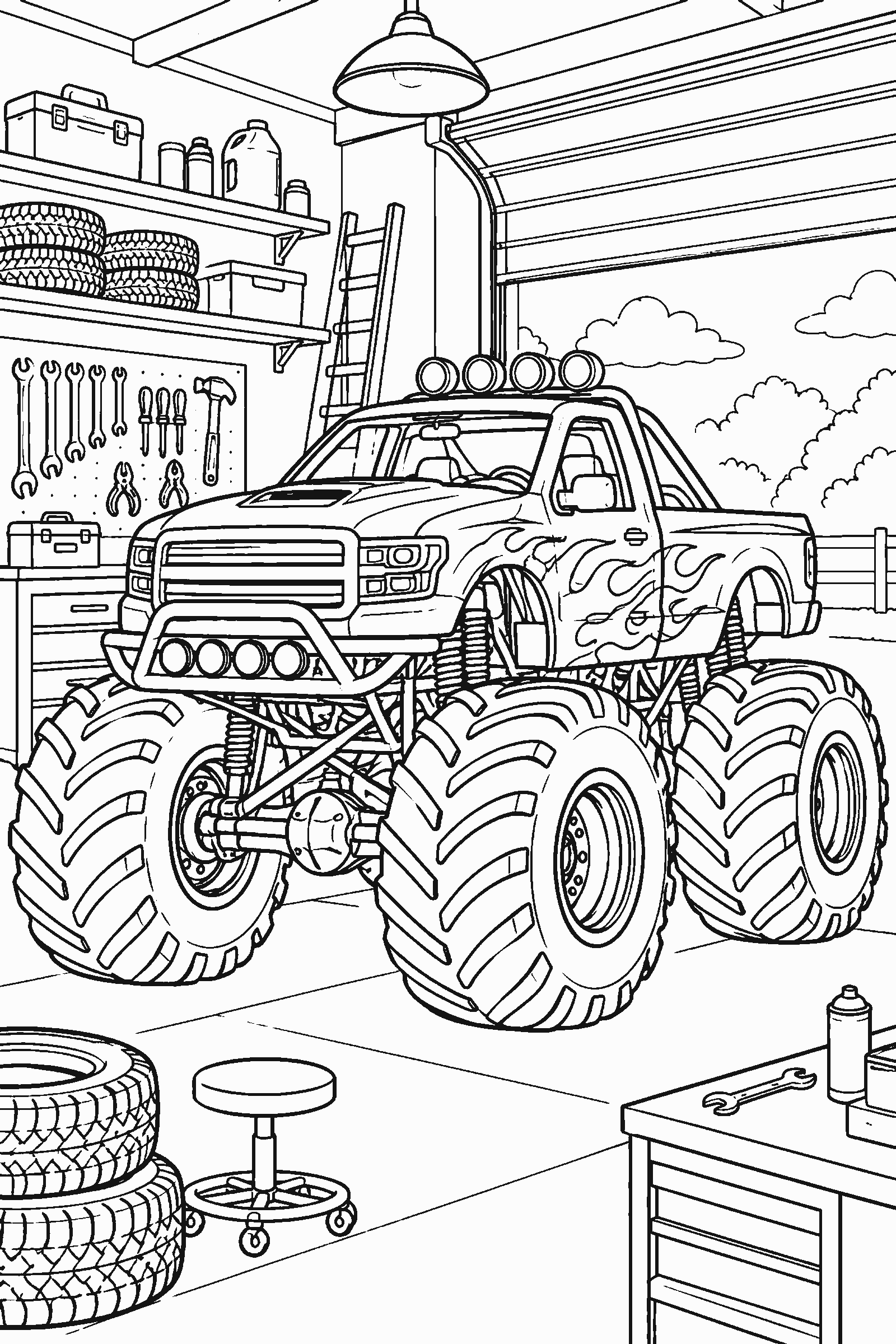 Coloring page of a monster truck in a garage
