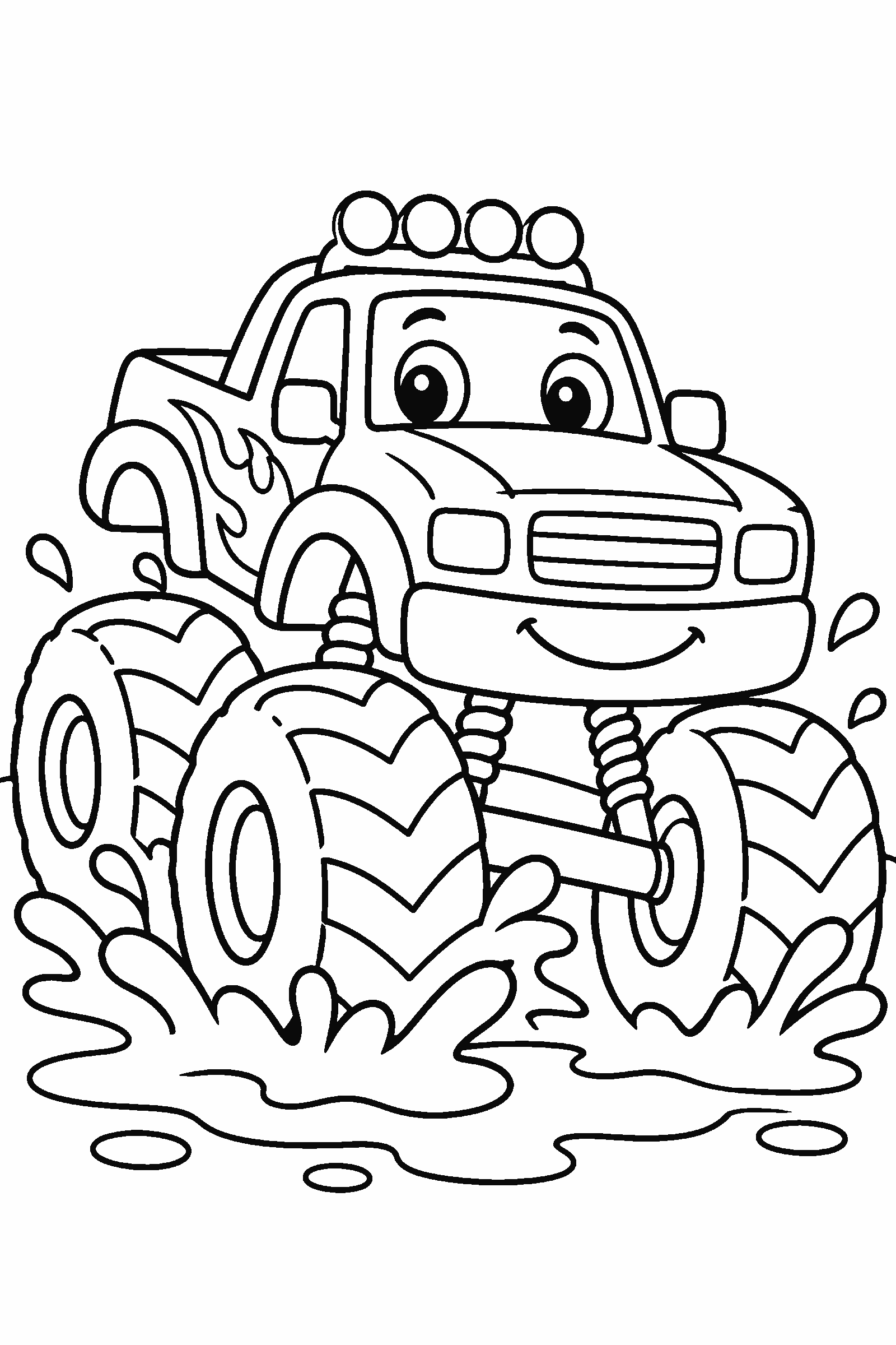 Coloring page of a monster truck driving through mud