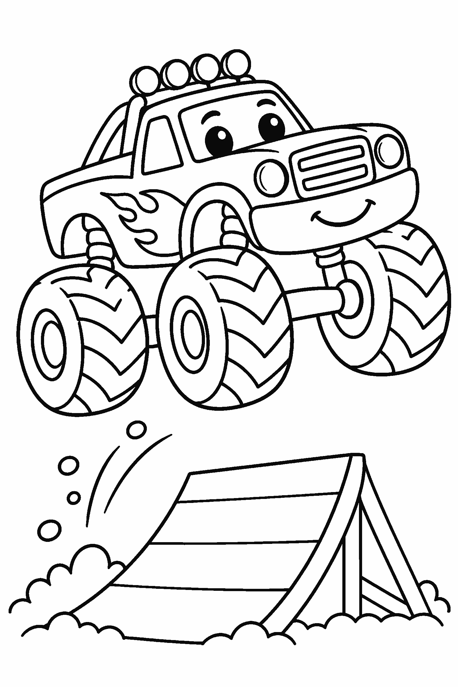 Coloring page of a monster truck jumping over a ramp