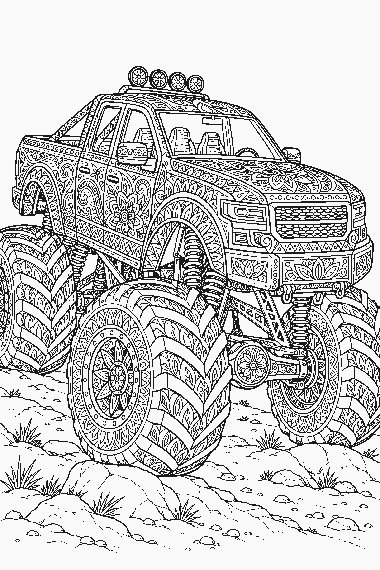 Coloring page of a detailed monster truck with ornamental patterns