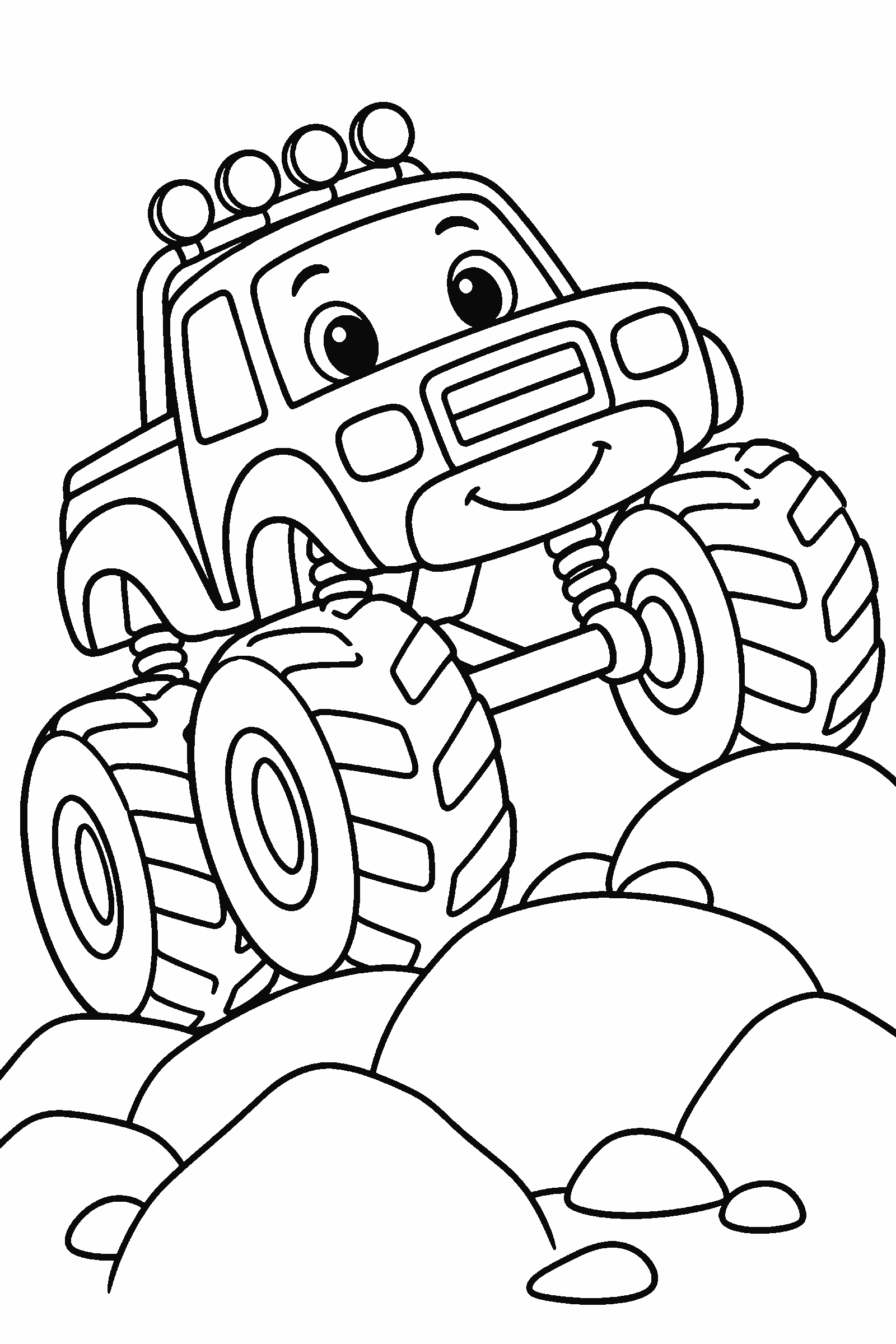 Coloring page of a monster truck climbing a rocky hill