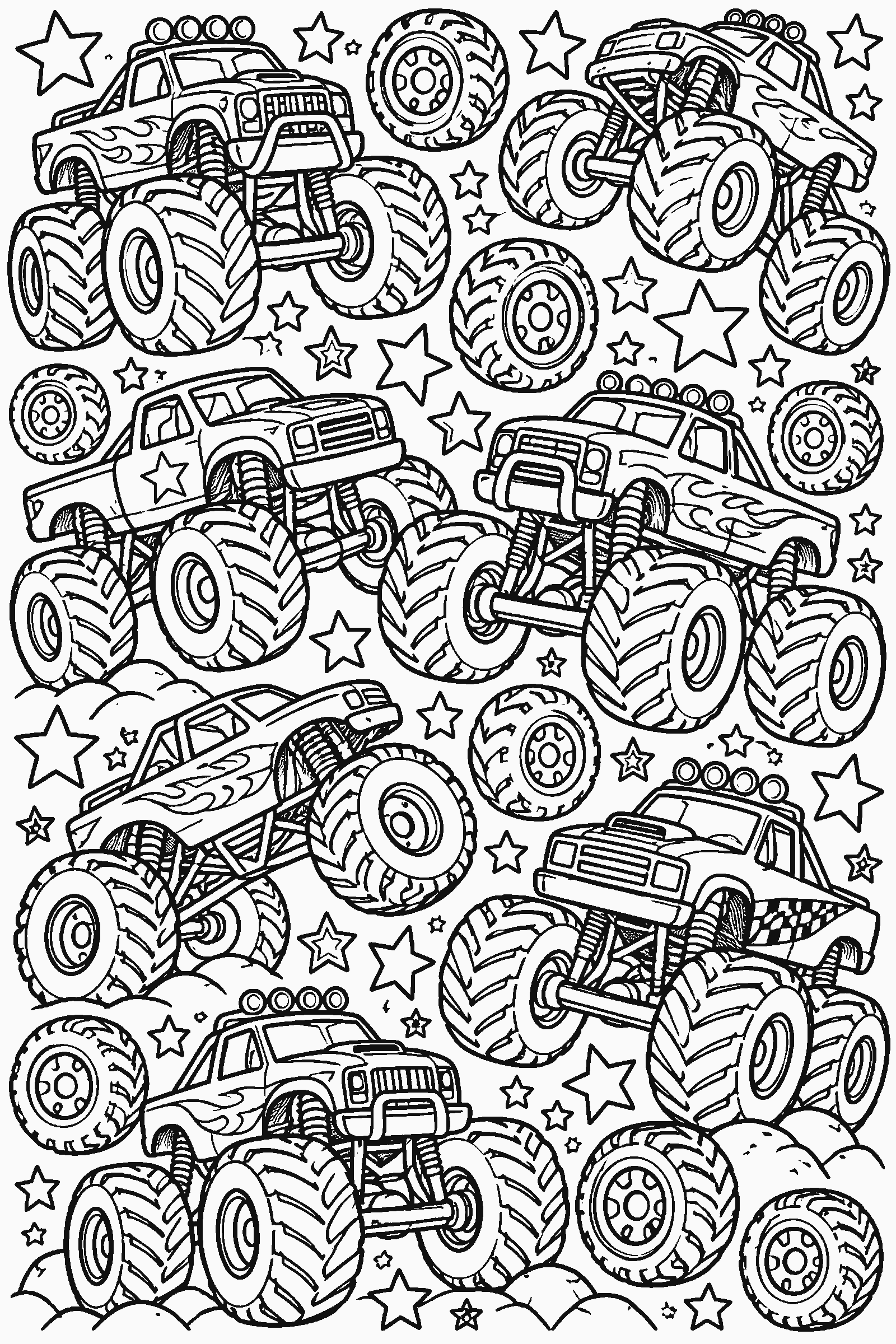 Coloring page of a full-page pattern of monster trucks, tires and stars