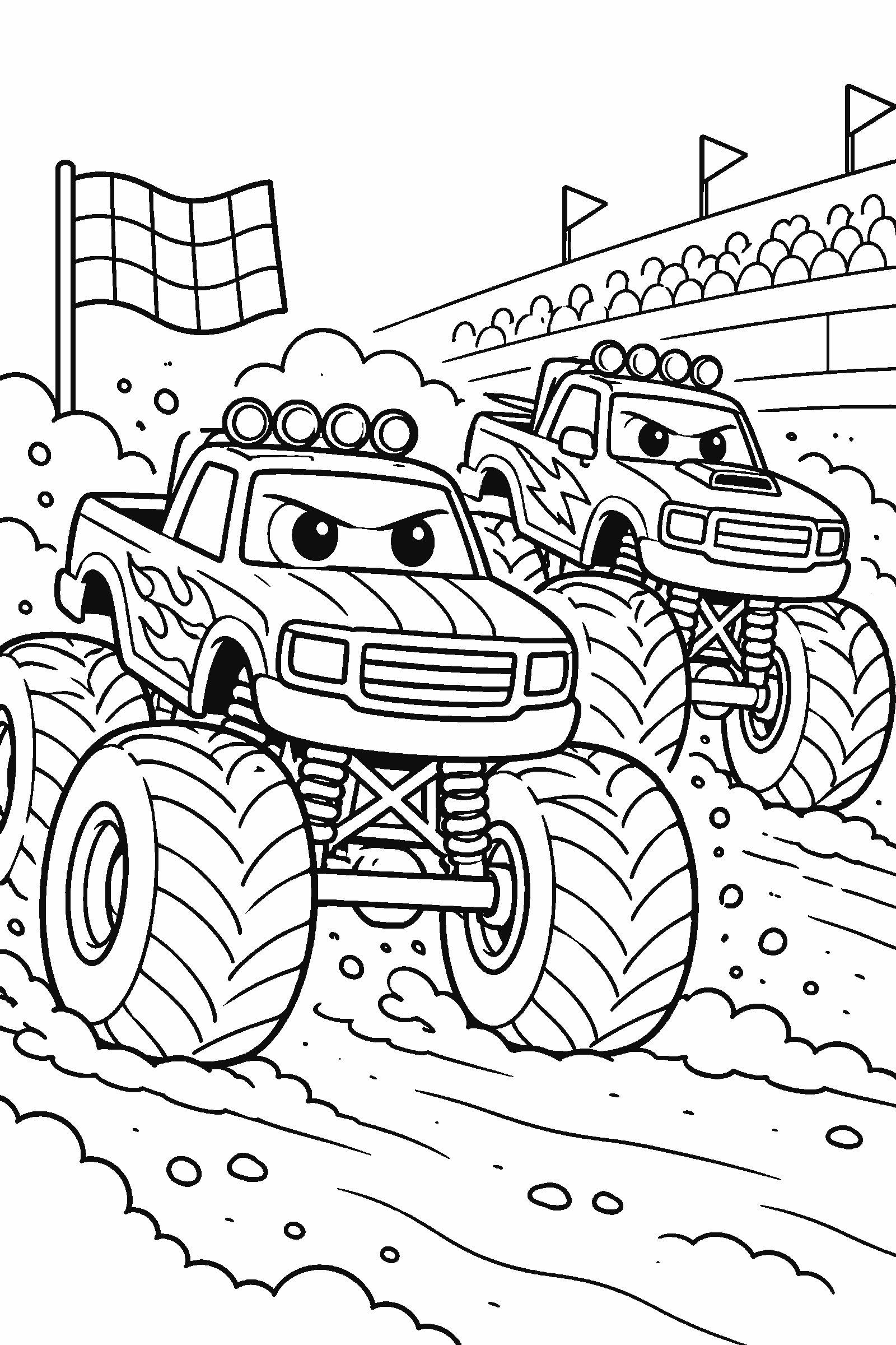 Coloring page of two monster trucks racing side by side