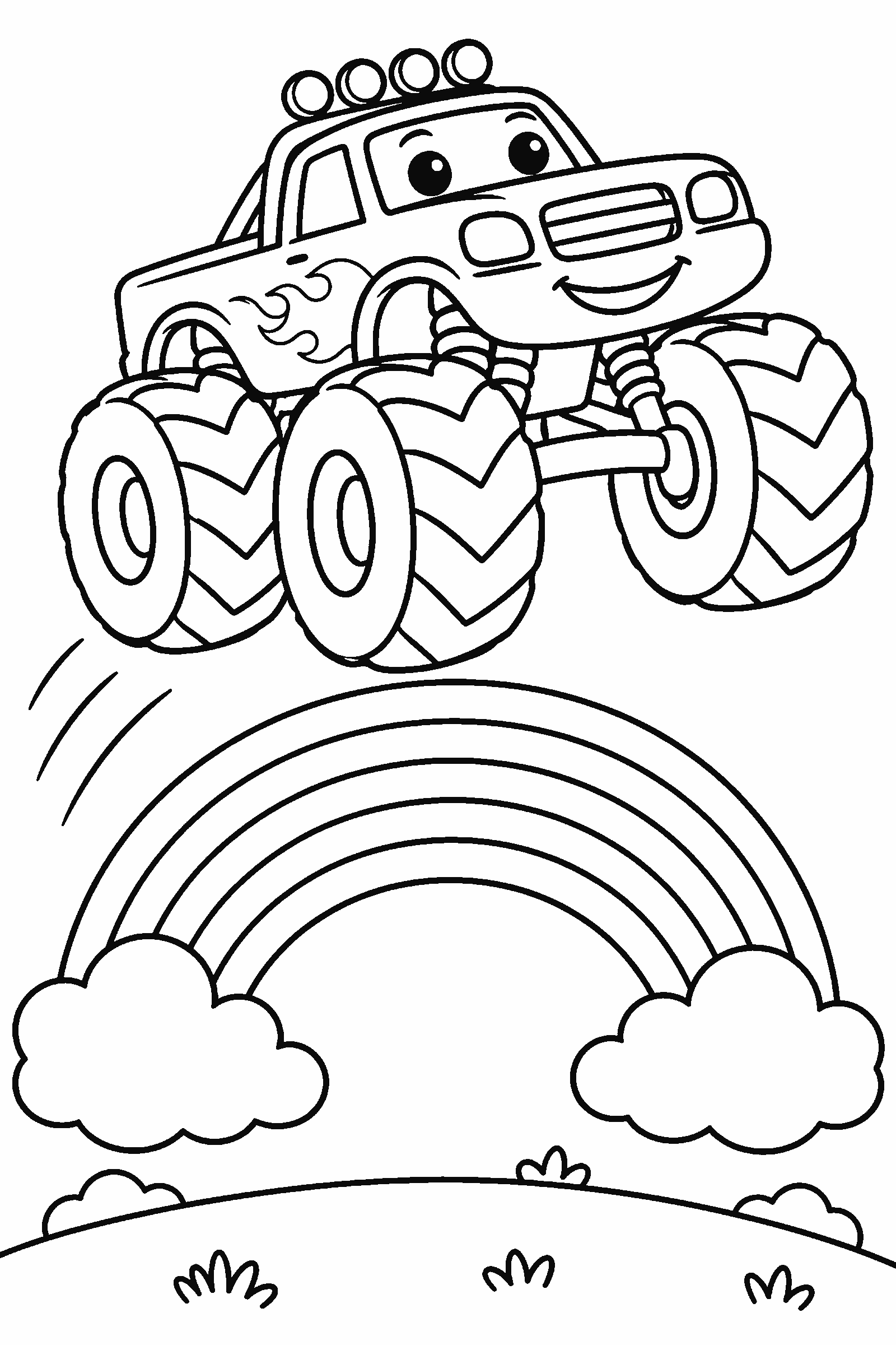 Coloring page of a monster truck jumping over a rainbow