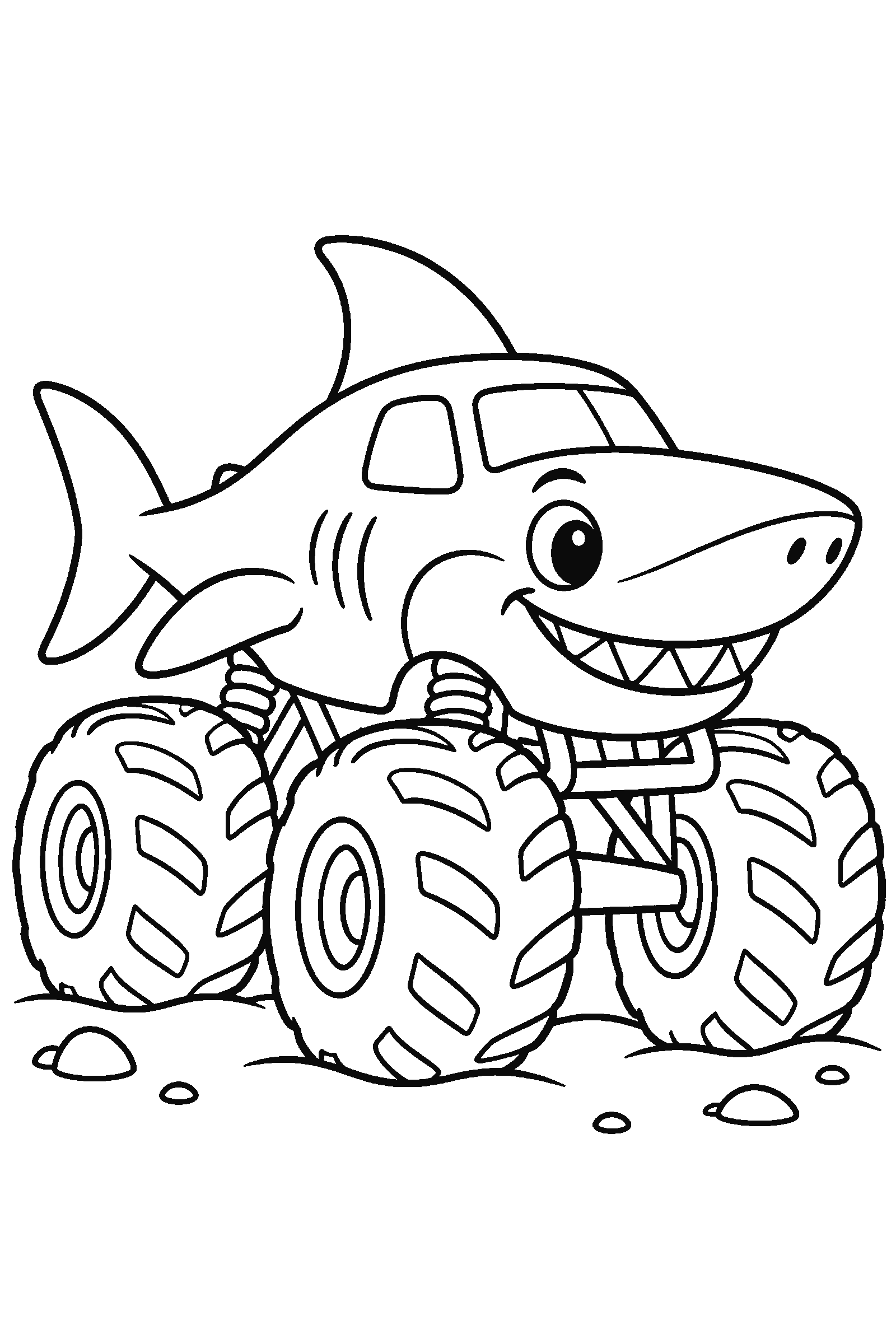 Coloring page of a monster truck shaped like a shark