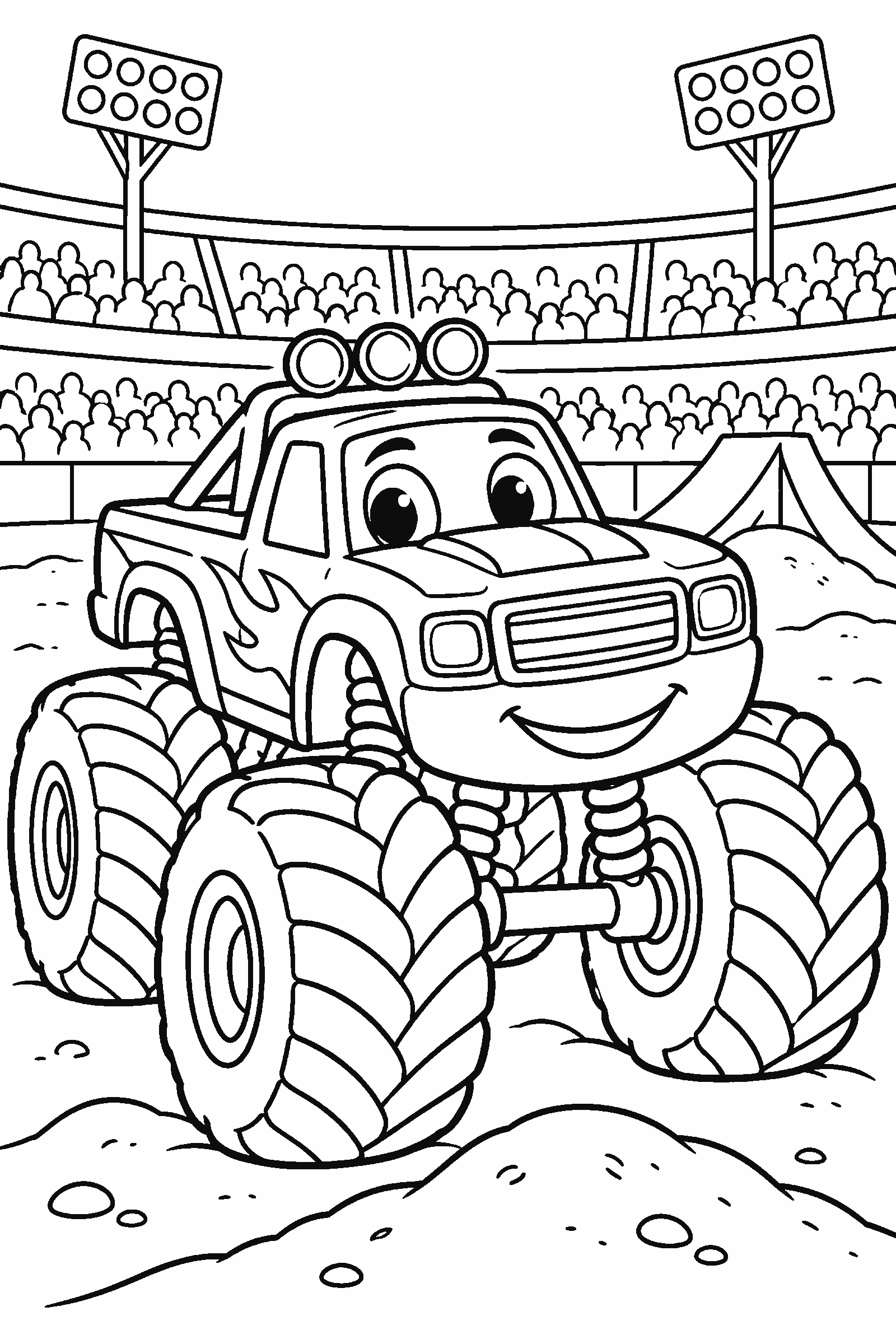 Coloring page of a monster truck in a stadium with crowds and lights