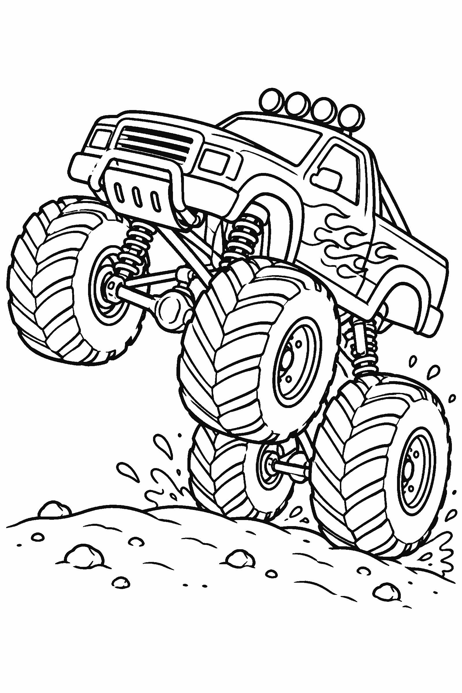 Coloring page of a monster truck doing a wheelie