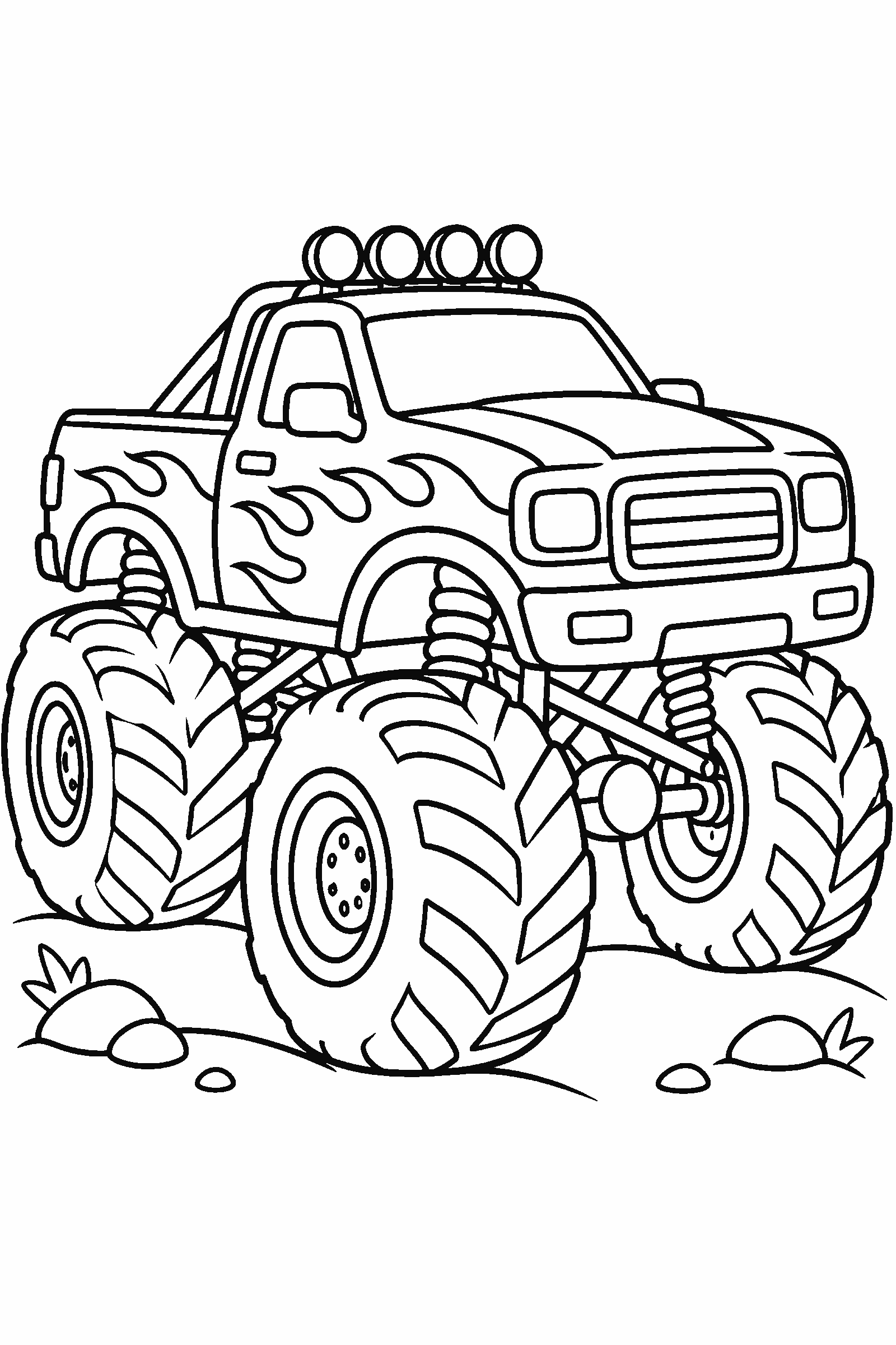 Coloring page of a monster truck with flame decals on big tires