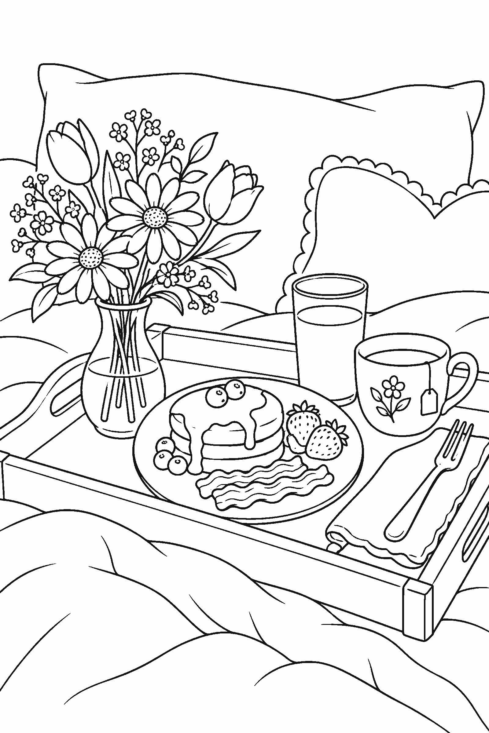 Coloring page of a breakfast-in-bed tray with flowers