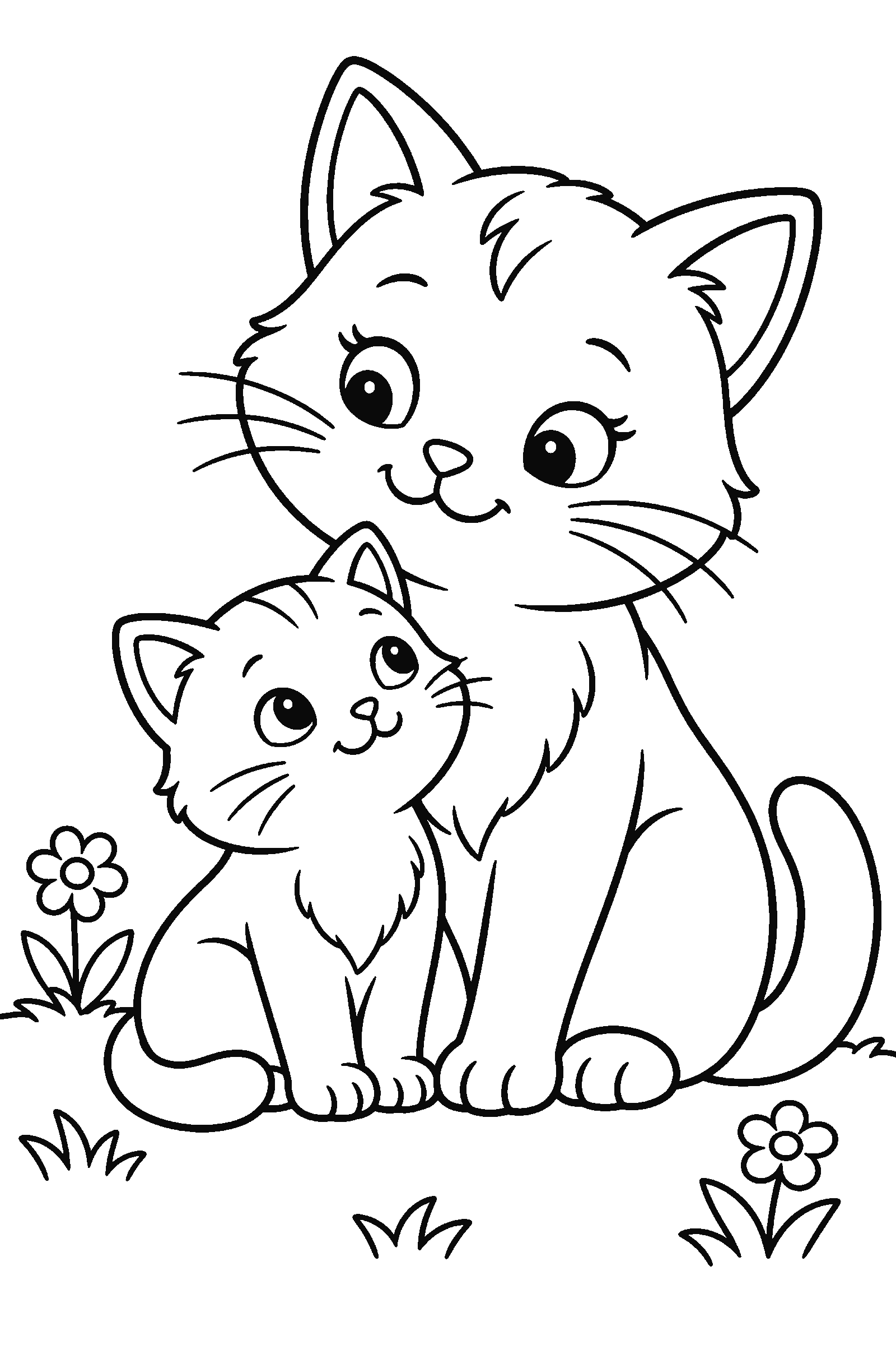 Coloring page of a mother cat and kitten